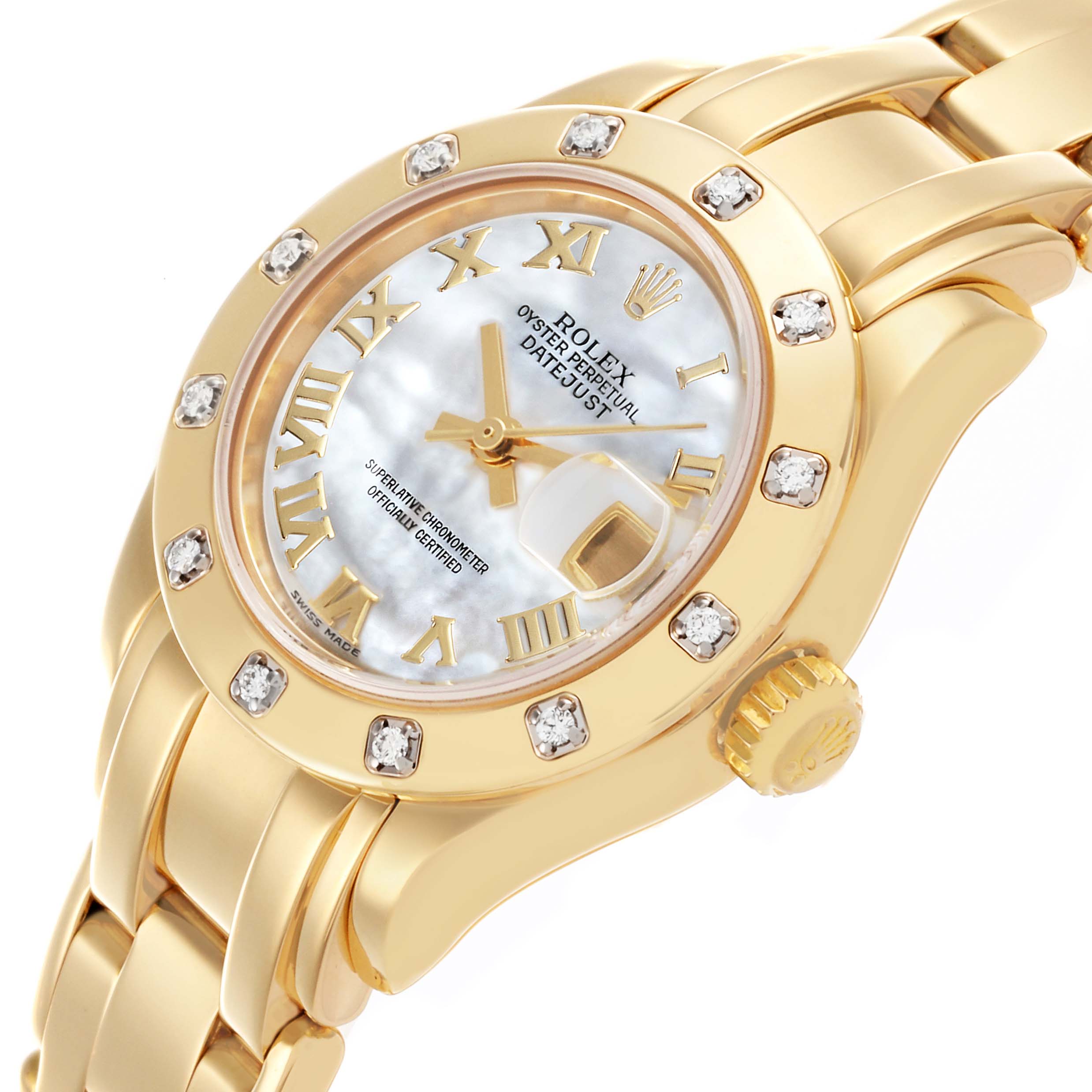 The image shows a Rolex Pearlmaster 80318 Women's Yellow Gold Mother of Pearl Dial 80318 Women's Yellow Gold Mother of Pearl Dial watch angled to highlight the dial, bezel, crown, and part of the bracelet.