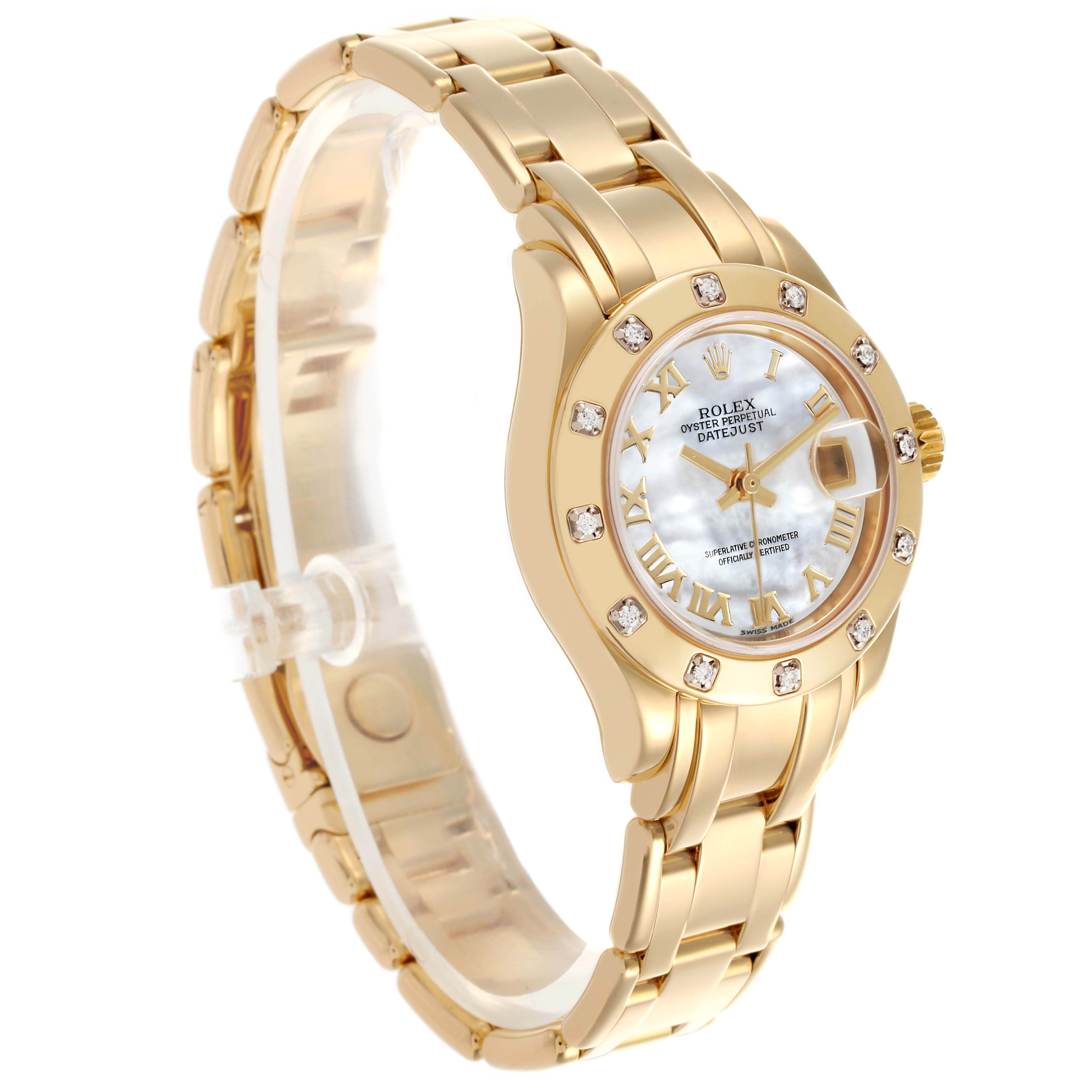 The Rolex Pearlmaster 80318 Women's Yellow Gold Mother of Pearl Dial 80318 Women's Yellow Gold Mother of Pearl Dial watch is shown at a three-quarter angle, displaying the dial, bezel, and bracelet.