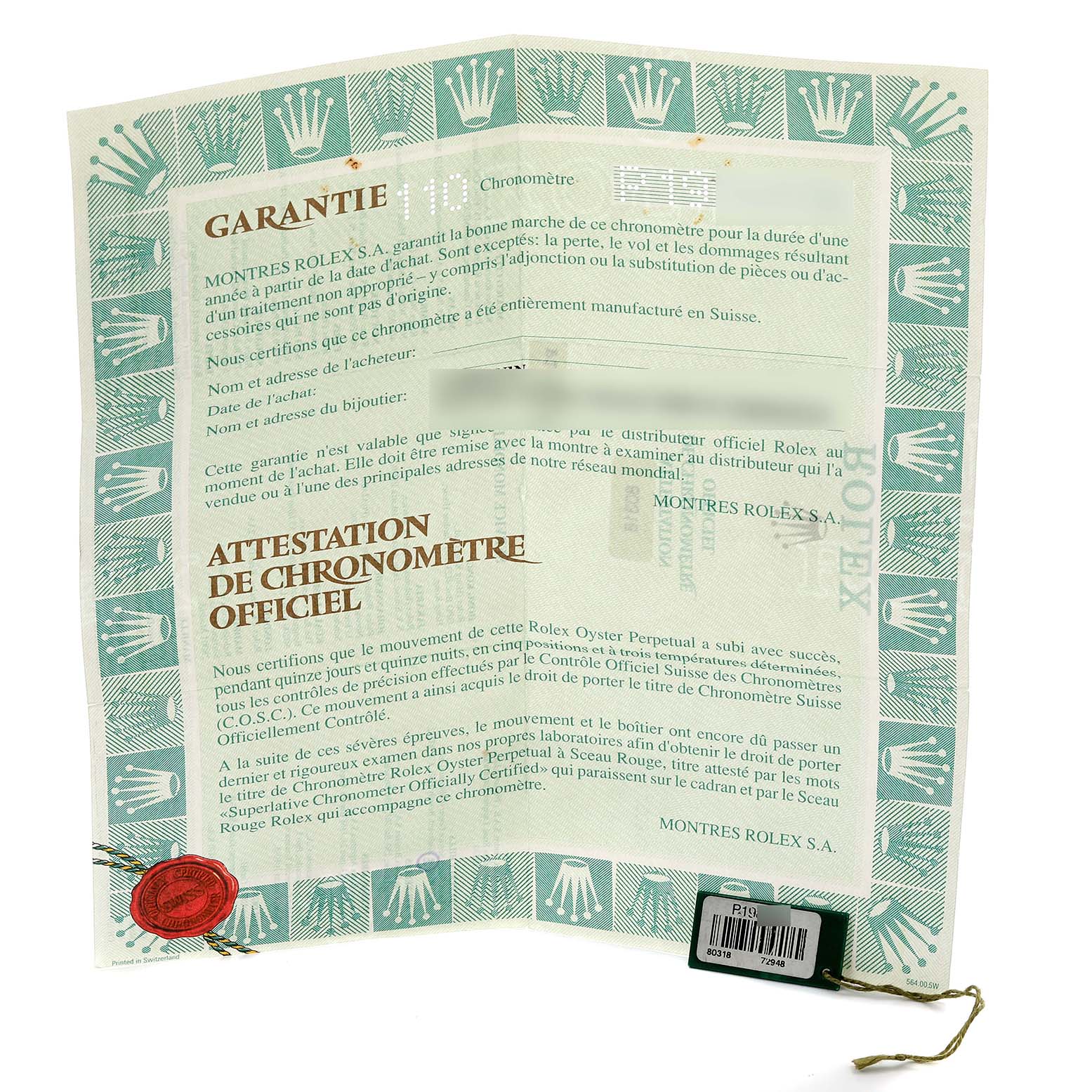 The image shows a Rolex Pearlmaster 80318 Women's Yellow Gold Mother of Pearl Dial 80318 Women's Yellow Gold Mother of Pearl Dial warranty certificate, viewed from a slightly elevated angle.