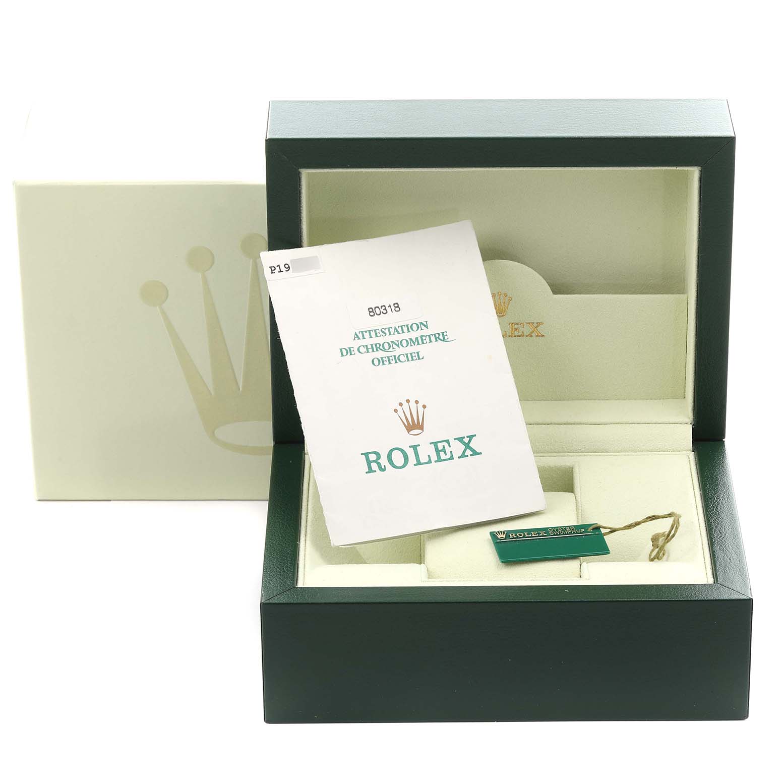 The image shows the open box and authentication card for the Rolex Pearlmaster 80318 Women's Yellow Gold Mother of Pearl Dial 80318 Women's Yellow Gold Mother of Pearl Dial model, without the watch.