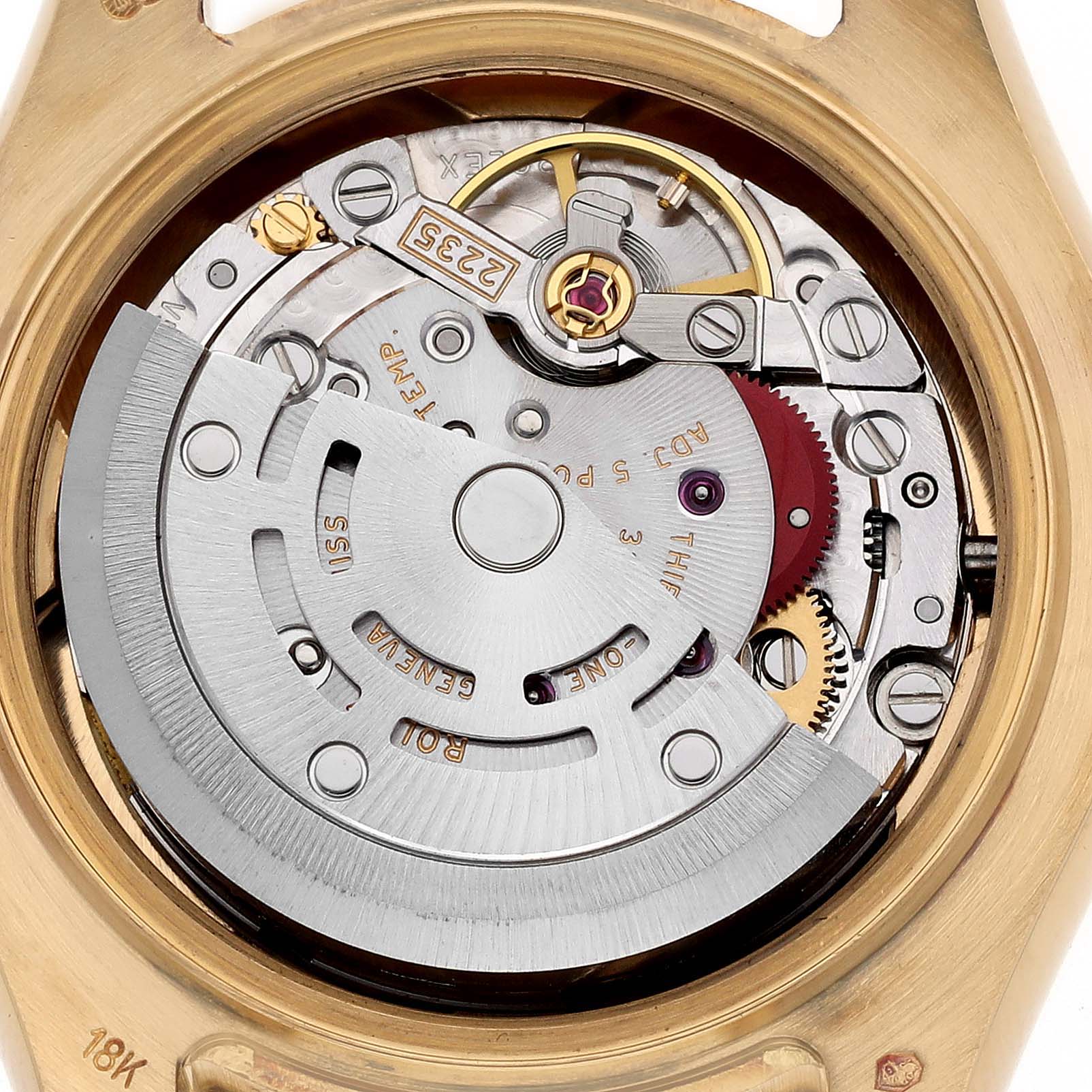 The image shows the back view of a Rolex Pearlmaster 80318 Women's Yellow Gold Mother of Pearl Dial 80318 Women's Yellow Gold Mother of Pearl Dial, highlighting its mechanical movement and rotor.