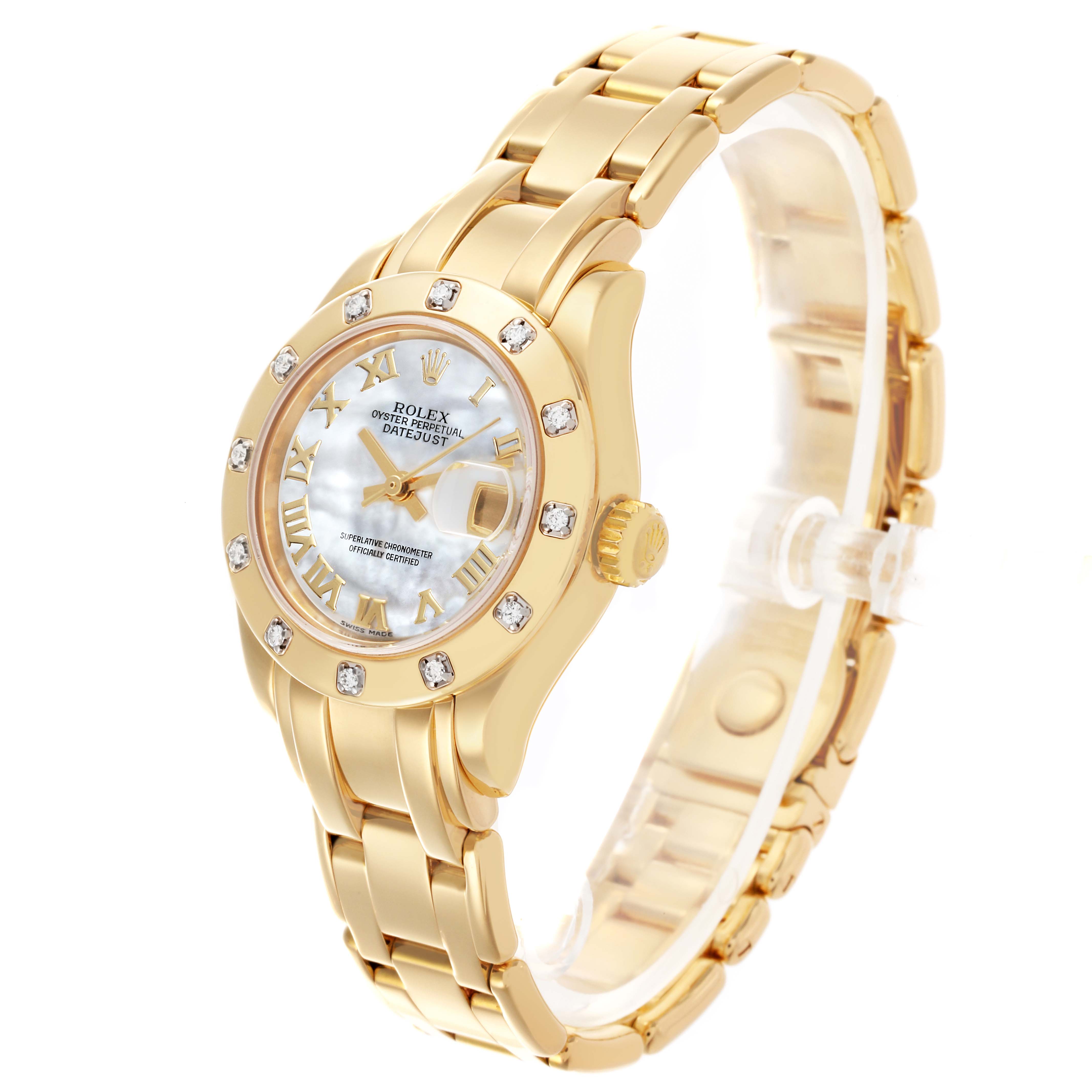 The Rolex Pearlmaster 80318 Women's Yellow Gold Mother of Pearl Dial 80318 Women's Yellow Gold Mother of Pearl Dial watch is shown at a right-side angle, highlighting the bracelet and diamond-set bezel.