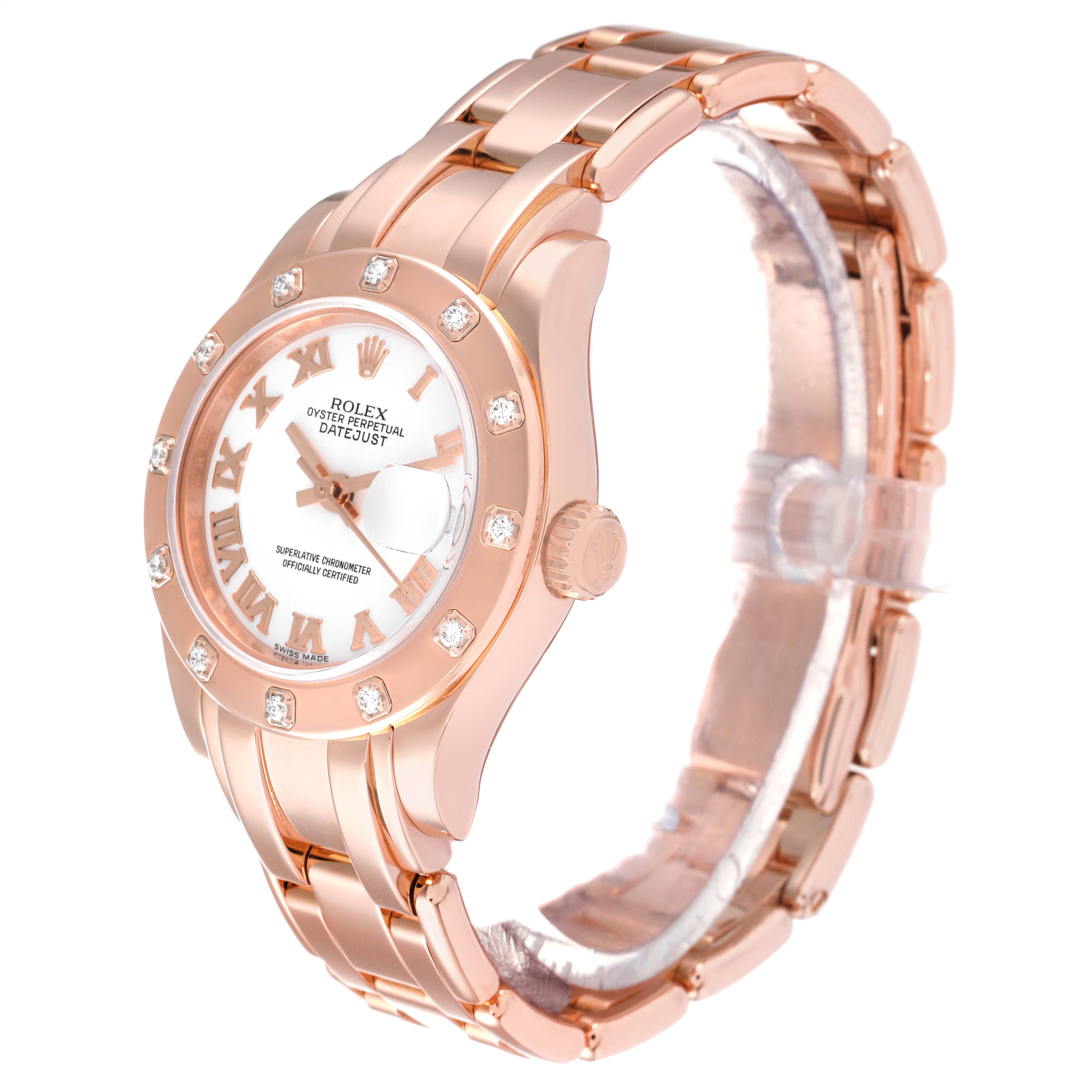 The image shows a Rolex Pearlmaster 80315 Women's Rose Gold White Dial 80315 Women's Rose Gold White Dial watch from a front-side angle, highlighting the face, bezel, and band.
