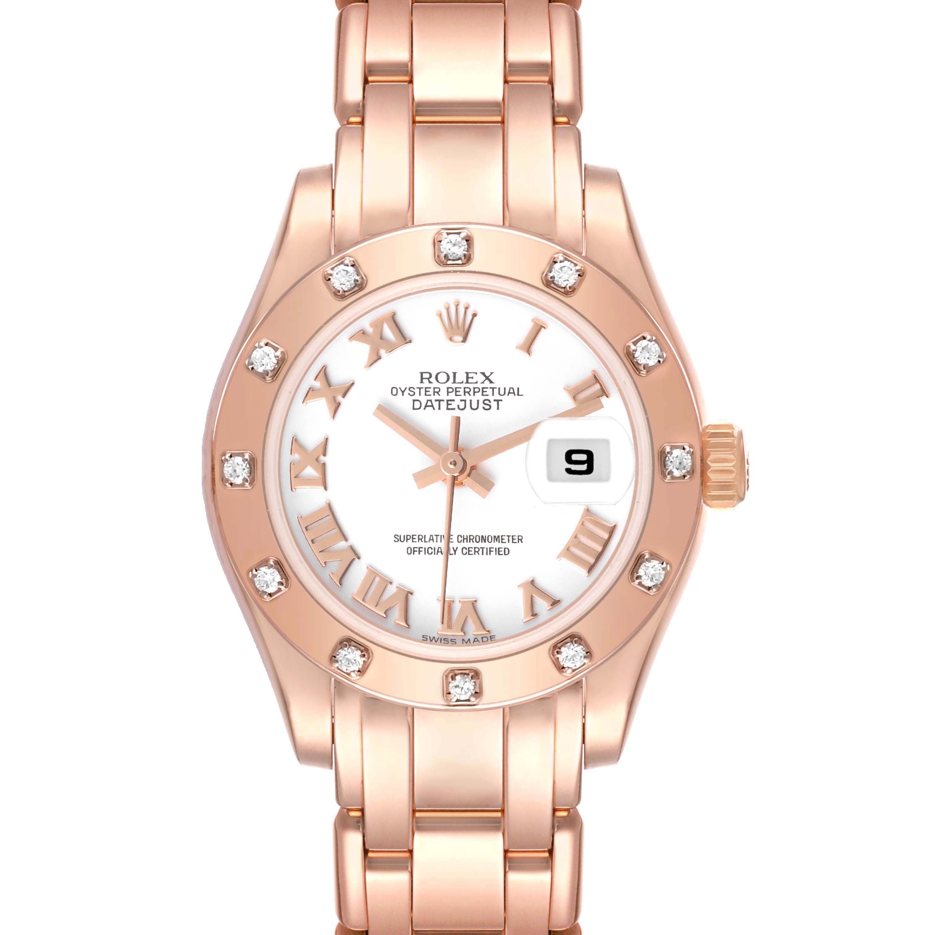The image shows a front view of a Rolex Pearlmaster 80315 Women's Rose Gold White Dial 80315 Women's Rose Gold White Dial watch, featuring a white dial with Roman numerals, diamond markers, and a date window.