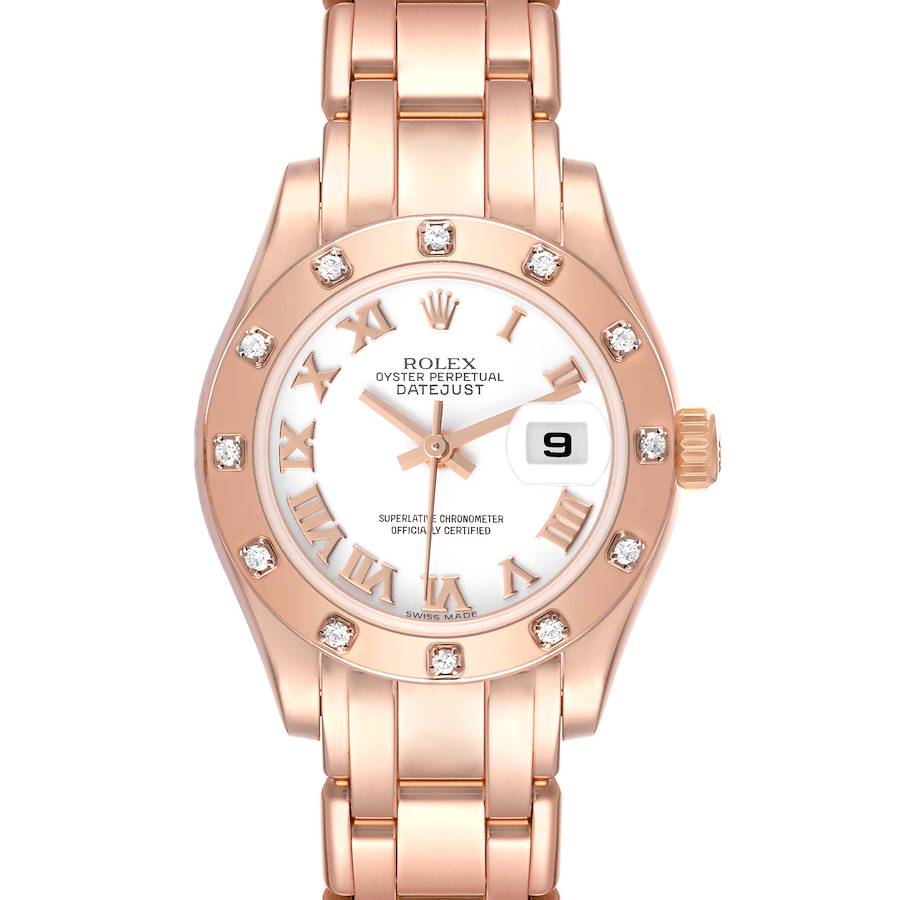 Rolex Pearlmaster Rose Gold White Roman Dial Diamond Ladies Watch 80315 Box Card SwissWatchExpo