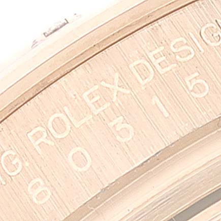 Close-up of the side engraving on the bezel and case edge of the Rolex Pearlmaster 80315 Women's Rose Gold White Dial 80315 Women's Rose Gold White Dial watch.