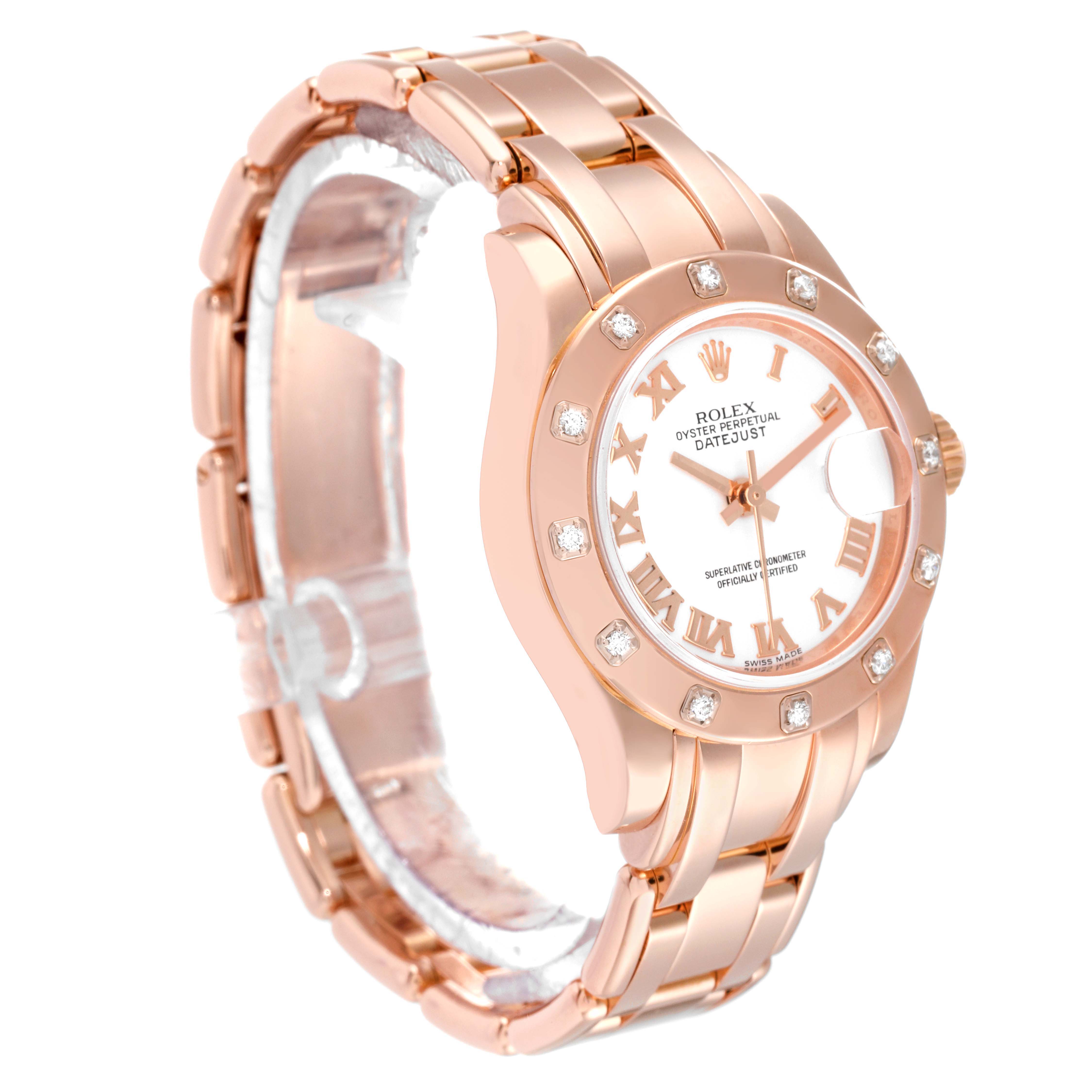 The image shows a Rolex Pearlmaster 80315 Women's Rose Gold White Dial 80315 Women's Rose Gold White Dial watch displayed at an angle revealing the face, bezel, and bracelet.