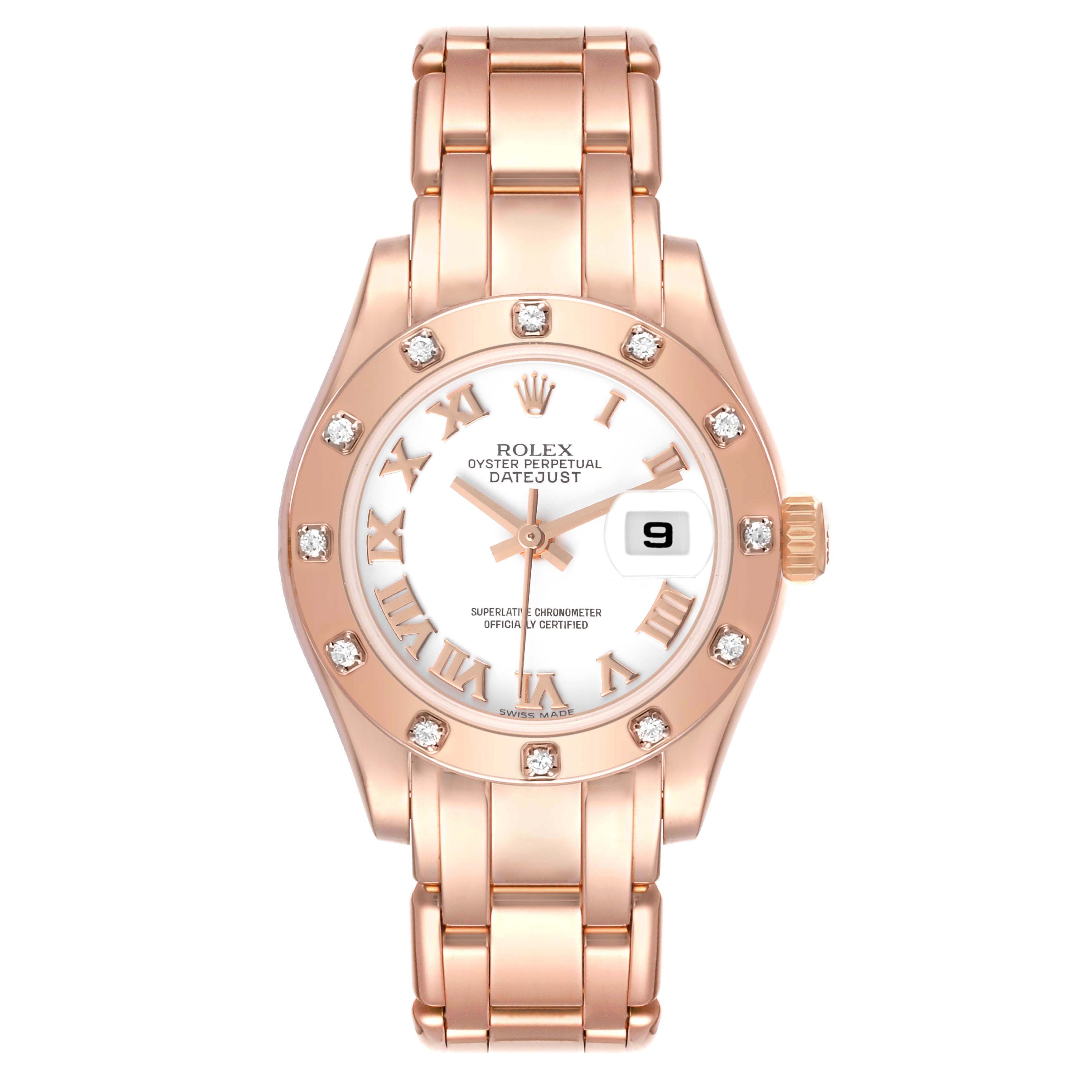 This image shows a front view of the Rolex Pearlmaster 80315 Women's Rose Gold White Dial 80315 Women's Rose Gold White Dial watch, featuring the dial, bezel, and bracelet.
