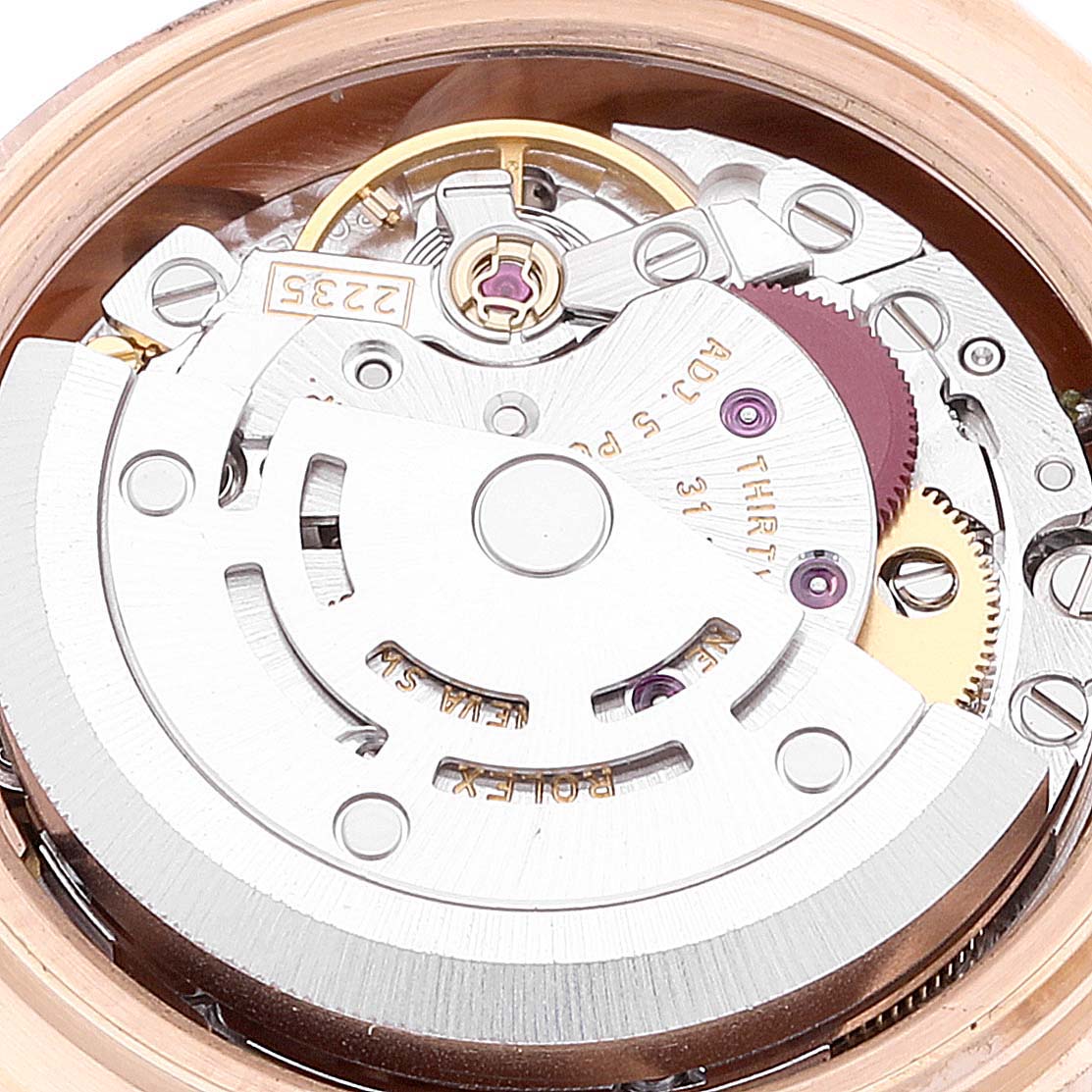 The image shows the internal movement mechanism of a Rolex Pearlmaster 80315 Women's Rose Gold White Dial 80315 Women's Rose Gold White Dial watch from a close-up angle.