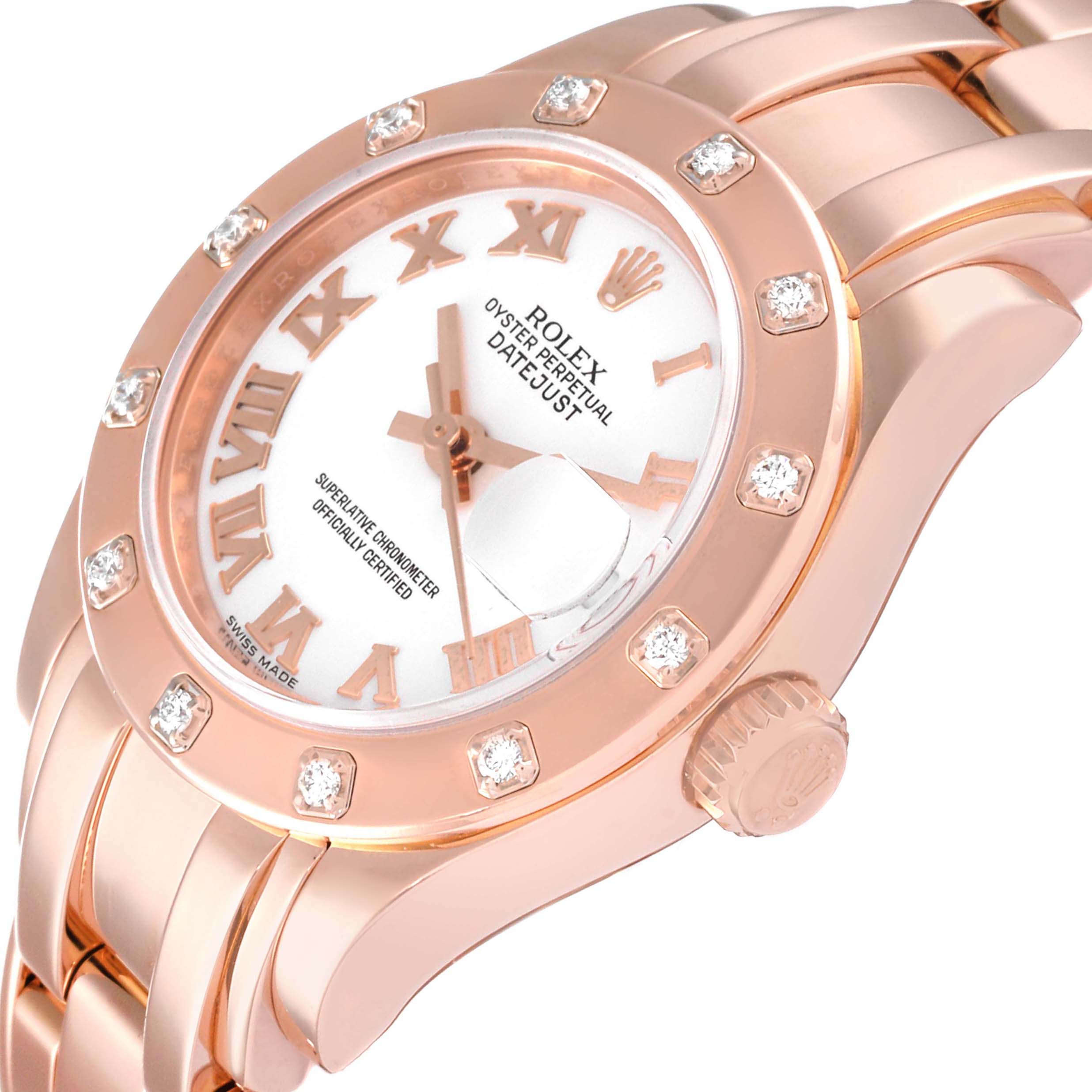 This image shows a close-up, angled view of the dial and bracelet of the Rolex Pearlmaster 80315 Women's Rose Gold White Dial 80315 Women's Rose Gold White Dial watch.