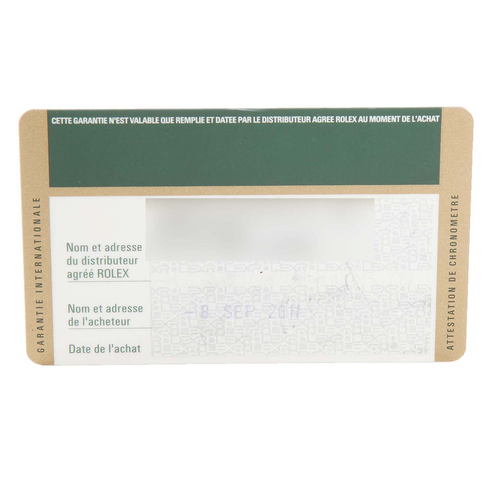 This is the international warranty card for the Rolex Pearlmaster 80315 Women's Rose Gold White Dial 80315 Women's Rose Gold White Dial model, shown from a top-down angle.