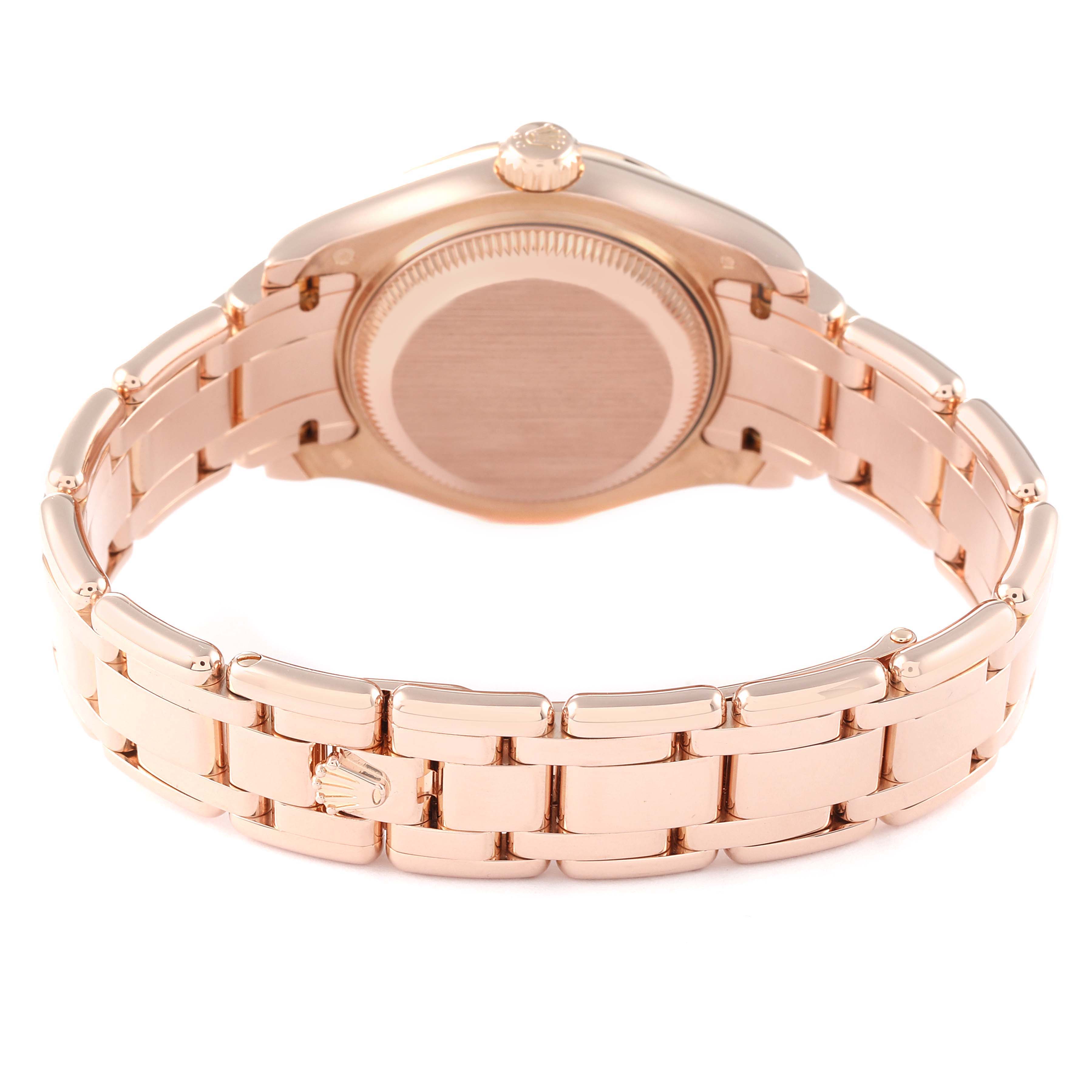 The image shows the back and bracelet of a Rolex Pearlmaster 80315 Women's Rose Gold White Dial 80315 Women's Rose Gold White Dial watch, viewed from the rear angle.