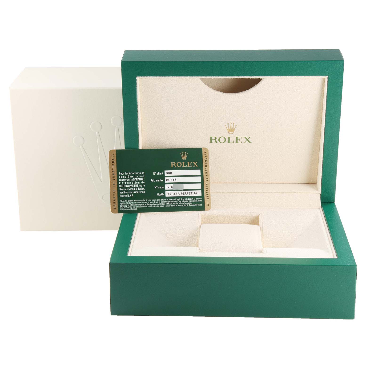 The image shows the open box and warranty card for a Rolex Pearlmaster 80315 Women's Rose Gold White Dial 80315 Women's Rose Gold White Dial watch.