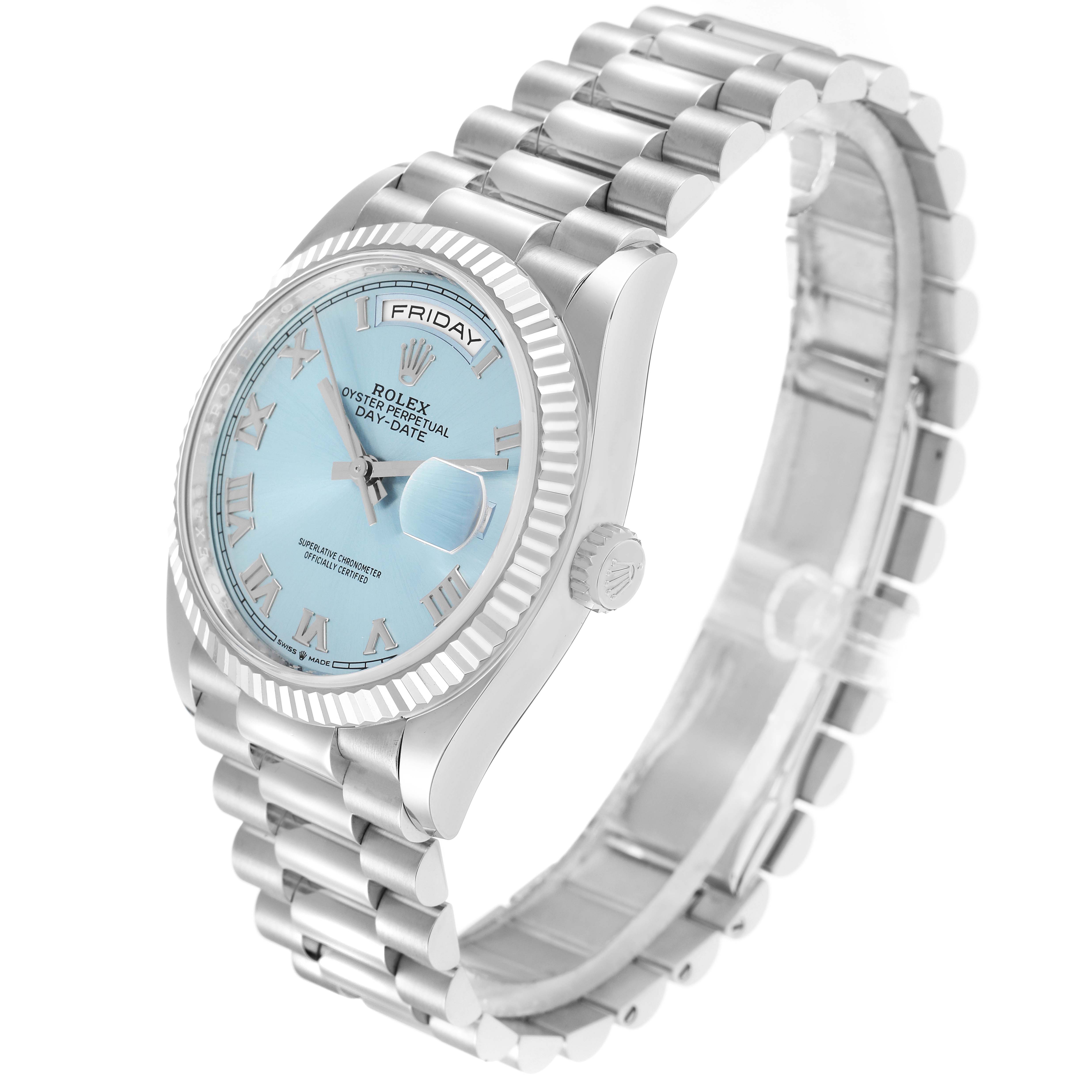 The Rolex President 128236 Men
s Platinum Blue Dial watch is shown at a slight angle, highlighting the dial, fluted bezel, President bracelet, and crown.