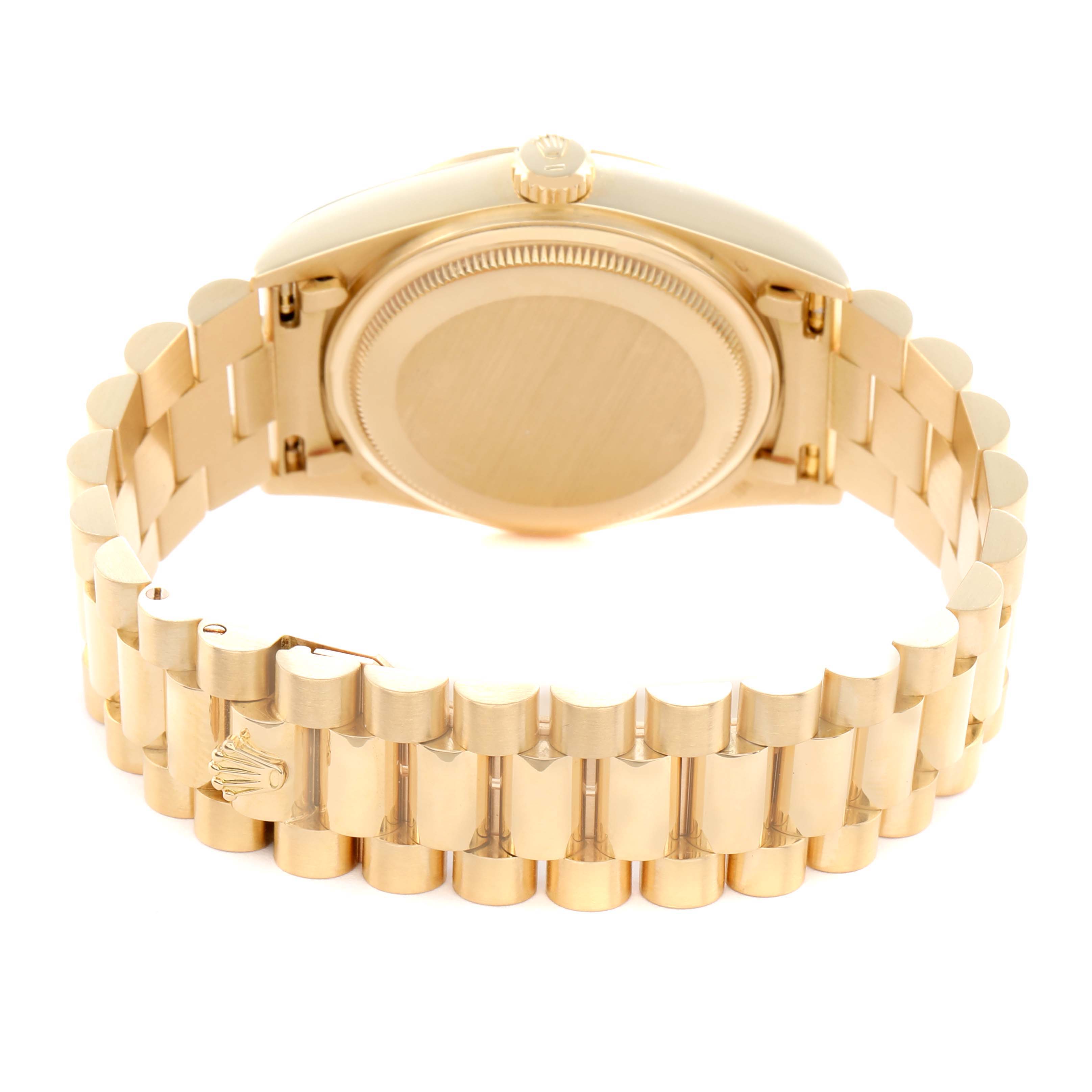 The image shows the back and bracelet of the Rolex President 18038 Men
s Yellow Gold Champagne Dial model, highlighting the clasp and case back.