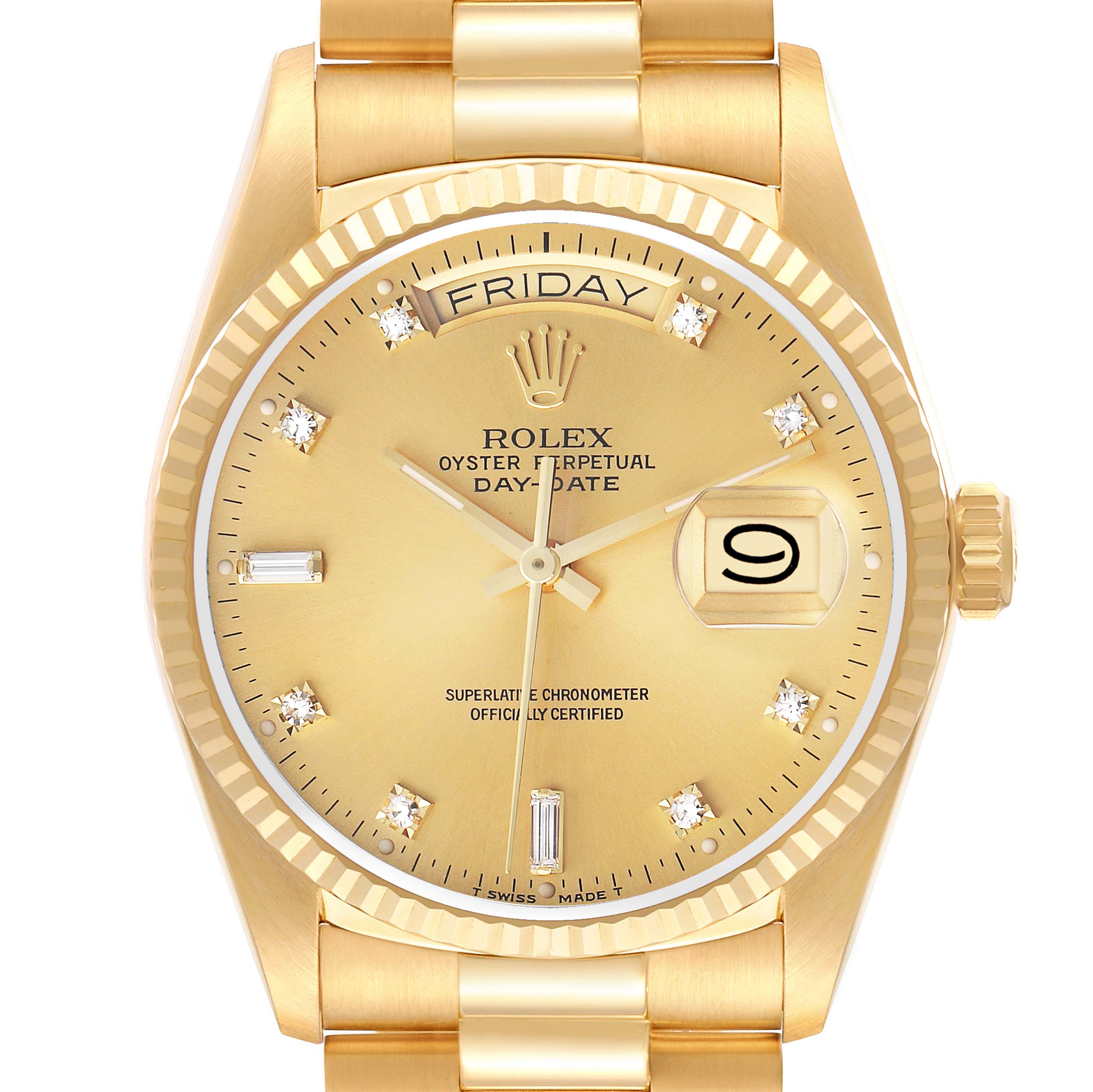 The Rolex President 18038 Men
s Yellow Gold Champagne Dial model is shown from a top-down angle, highlighting the dial, bezel, crown, and part of the bracelet.