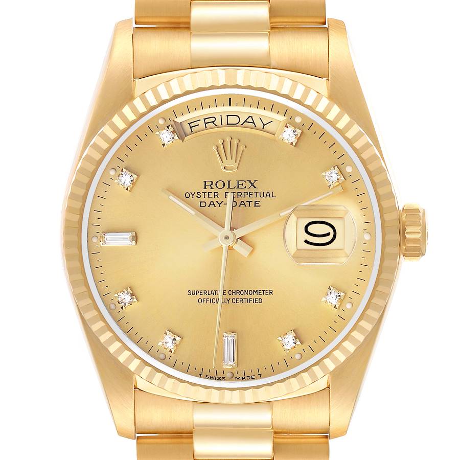 The Rolex President 18038 Men's Yellow Gold Champagne Dial model is shown from a top-down angle, highlighting the dial, bezel, crown, and part of the bracelet.