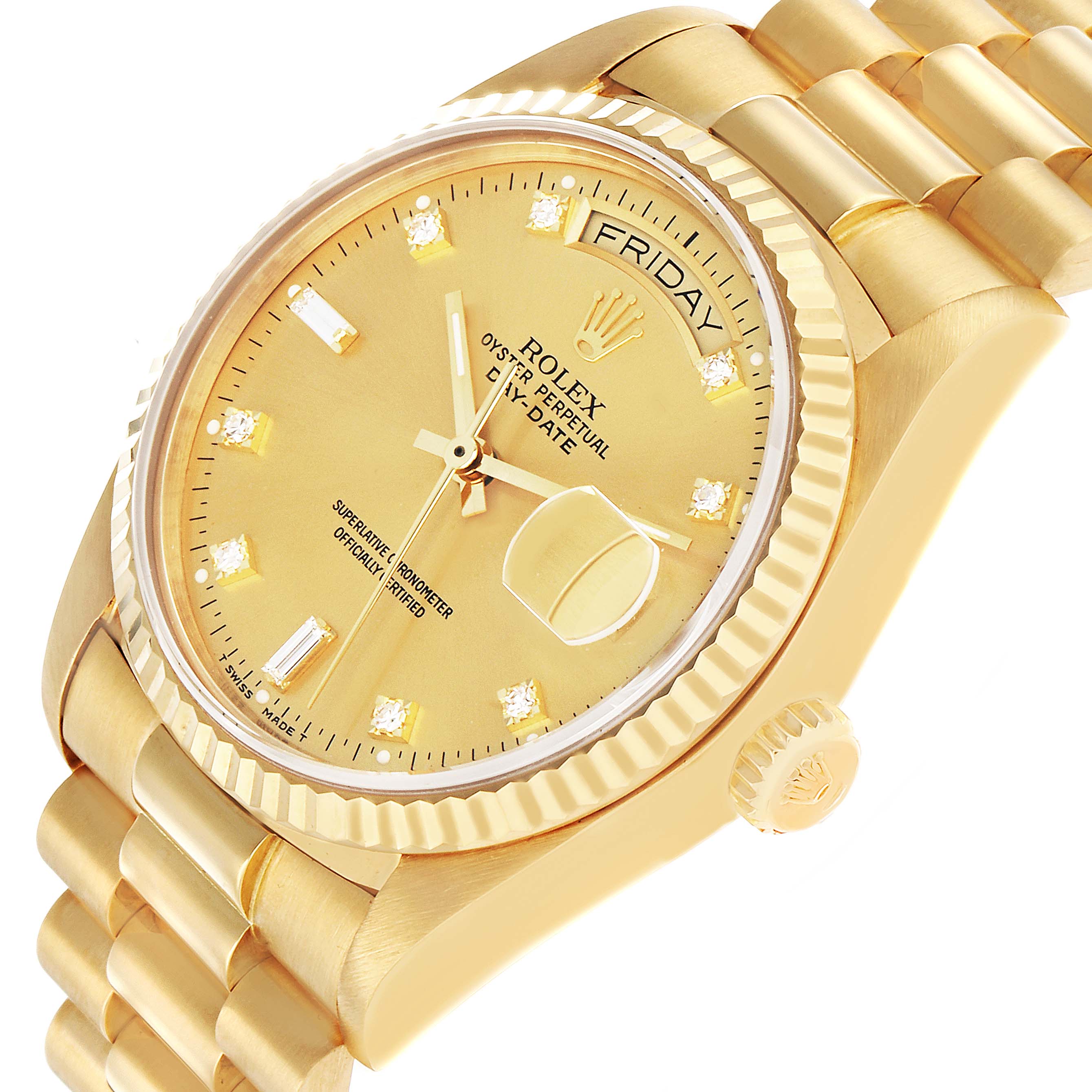 The Rolex President 18038 Men
s Yellow Gold Champagne Dial model is shown at an angled view, displaying its dial, bezel, crown, and part of the bracelet.