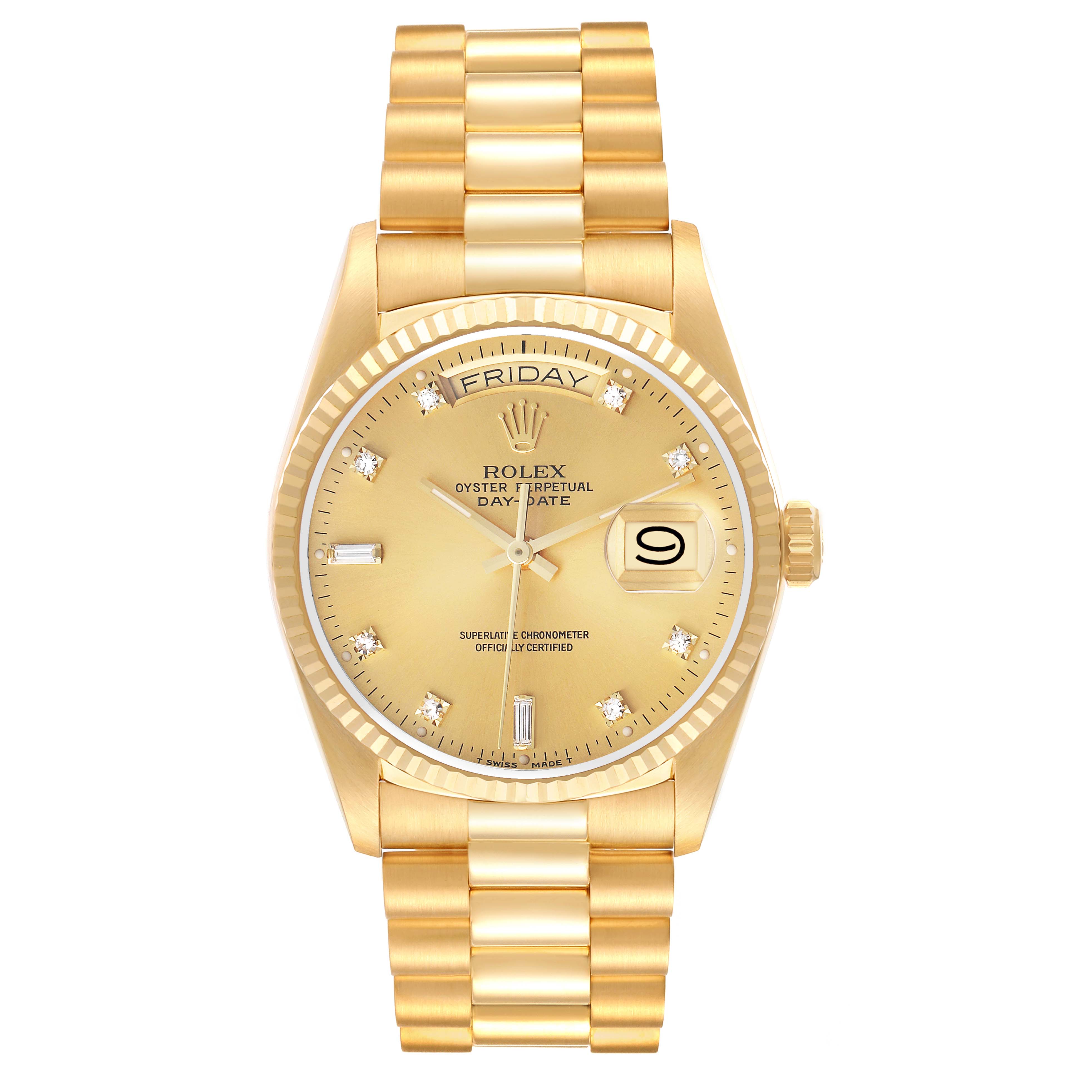 The Rolex President 18038 Men
s Yellow Gold Champagne Dial model is shown from a top-down view, displaying its gold bracelet, bezel, and dial with date and day features.