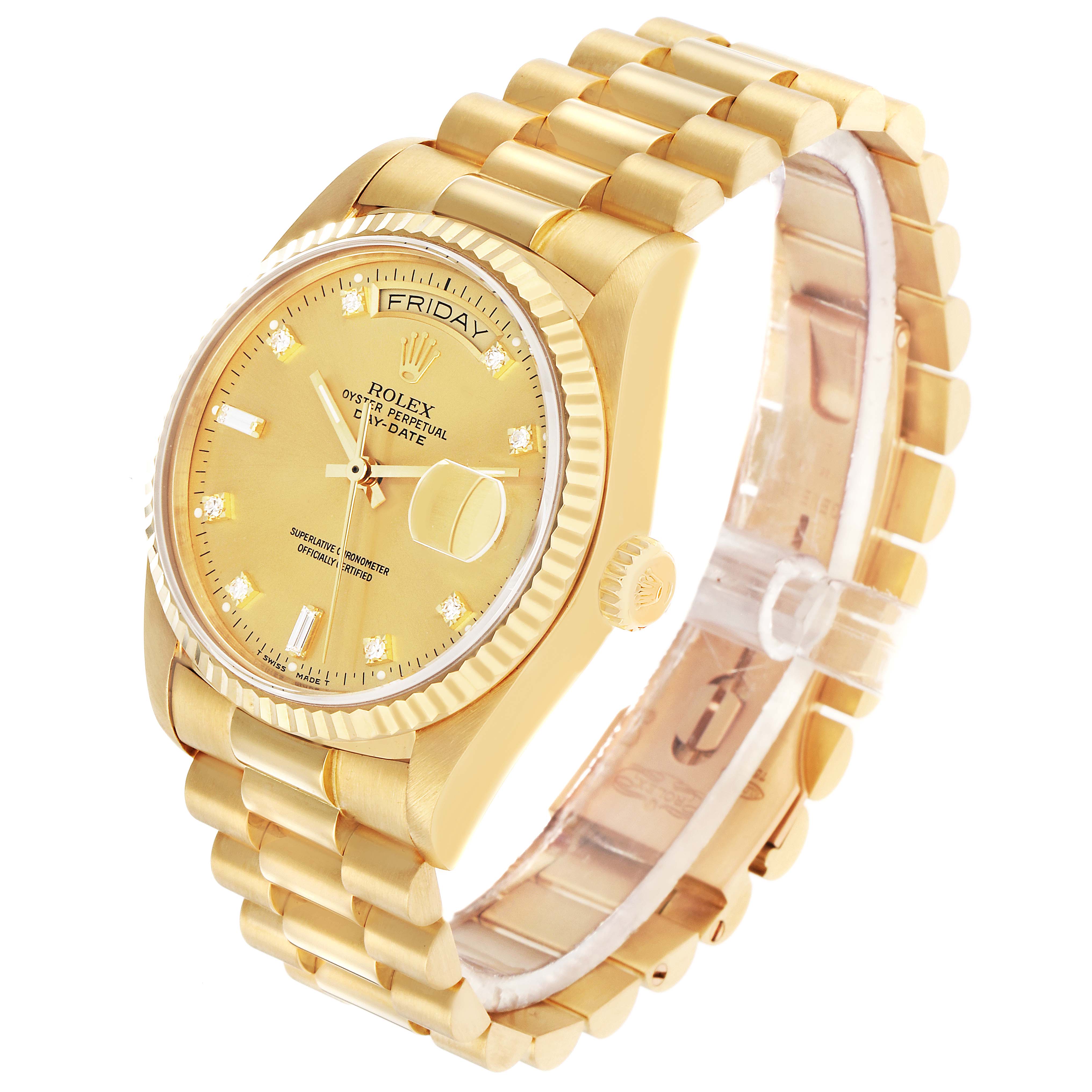 The Rolex President 18038 Men
s Yellow Gold Champagne Dial model is shown at a slight angle, displaying the gold case, fluted bezel, bracelet, dial, and day-date features.