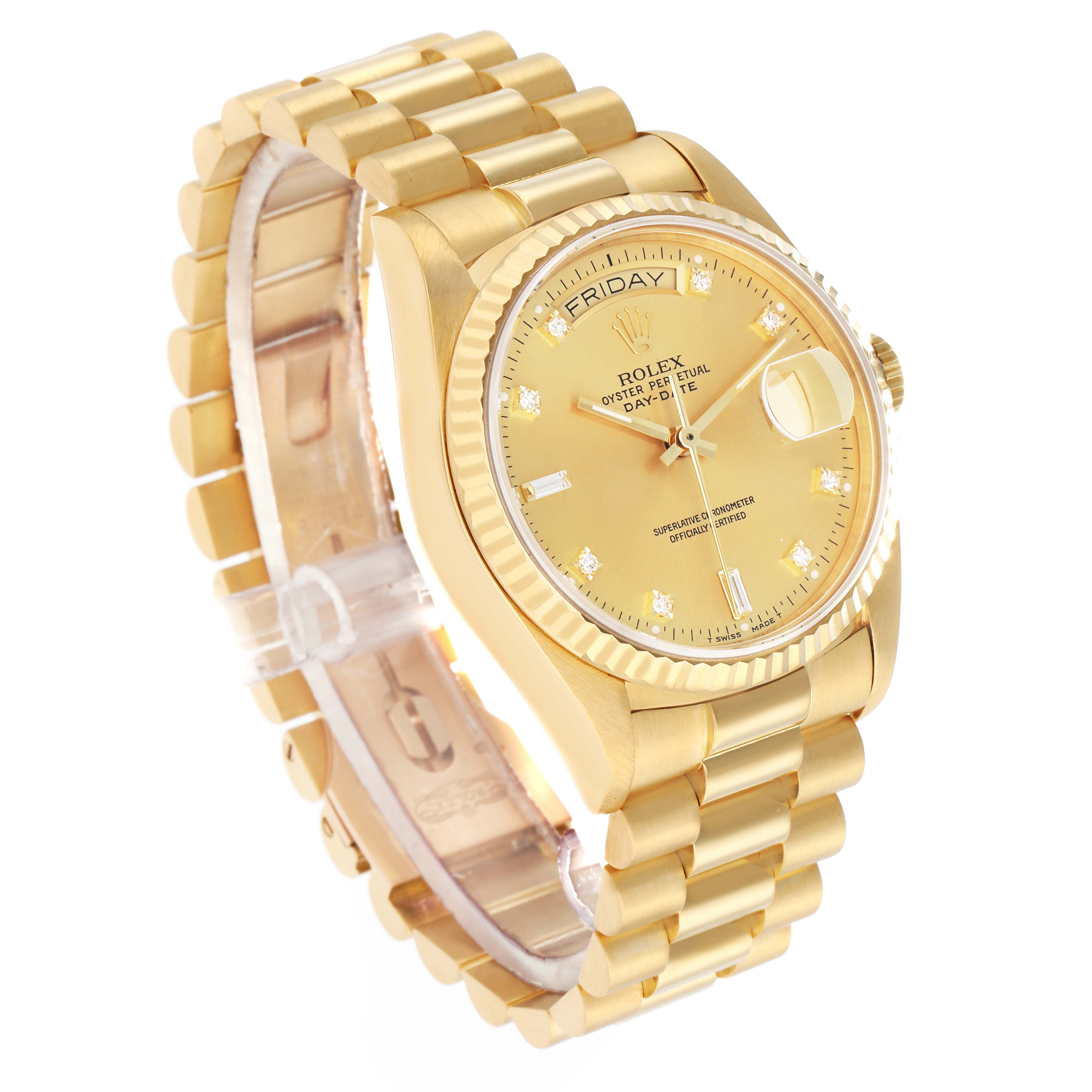 The Rolex President 18038 Men
s Yellow Gold Champagne Dial model is shown at a three-quarter angle, displaying the dial, bracelet, crown, and fluted bezel.