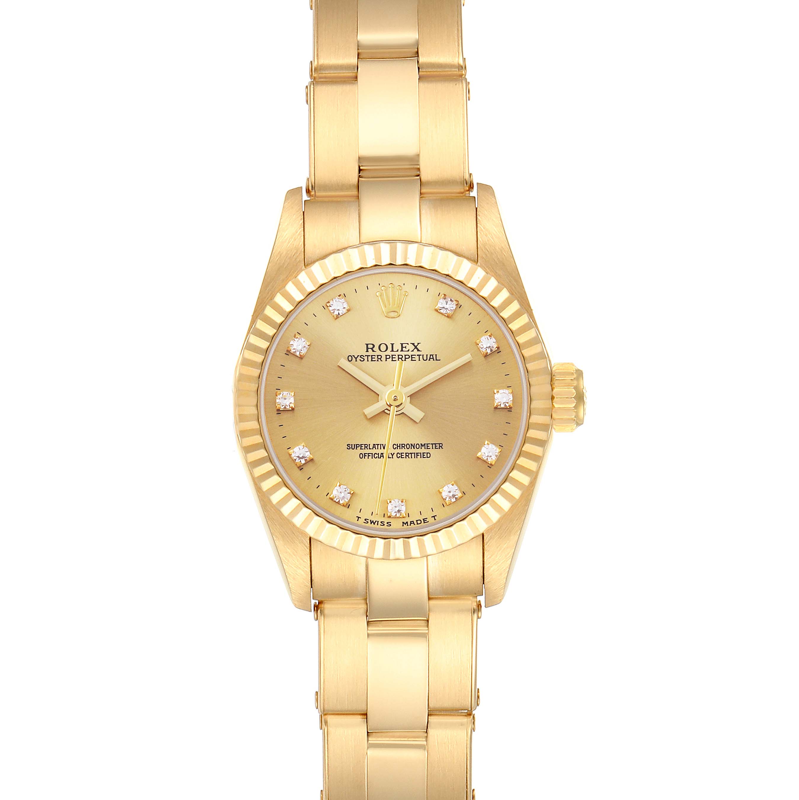 The Rolex President 67198 Women's Yellow Gold Champagne Dial 67198 Women's Yellow Gold Champagne Dial model is shown from above, highlighting its gold dial, bezel, and bracelet.