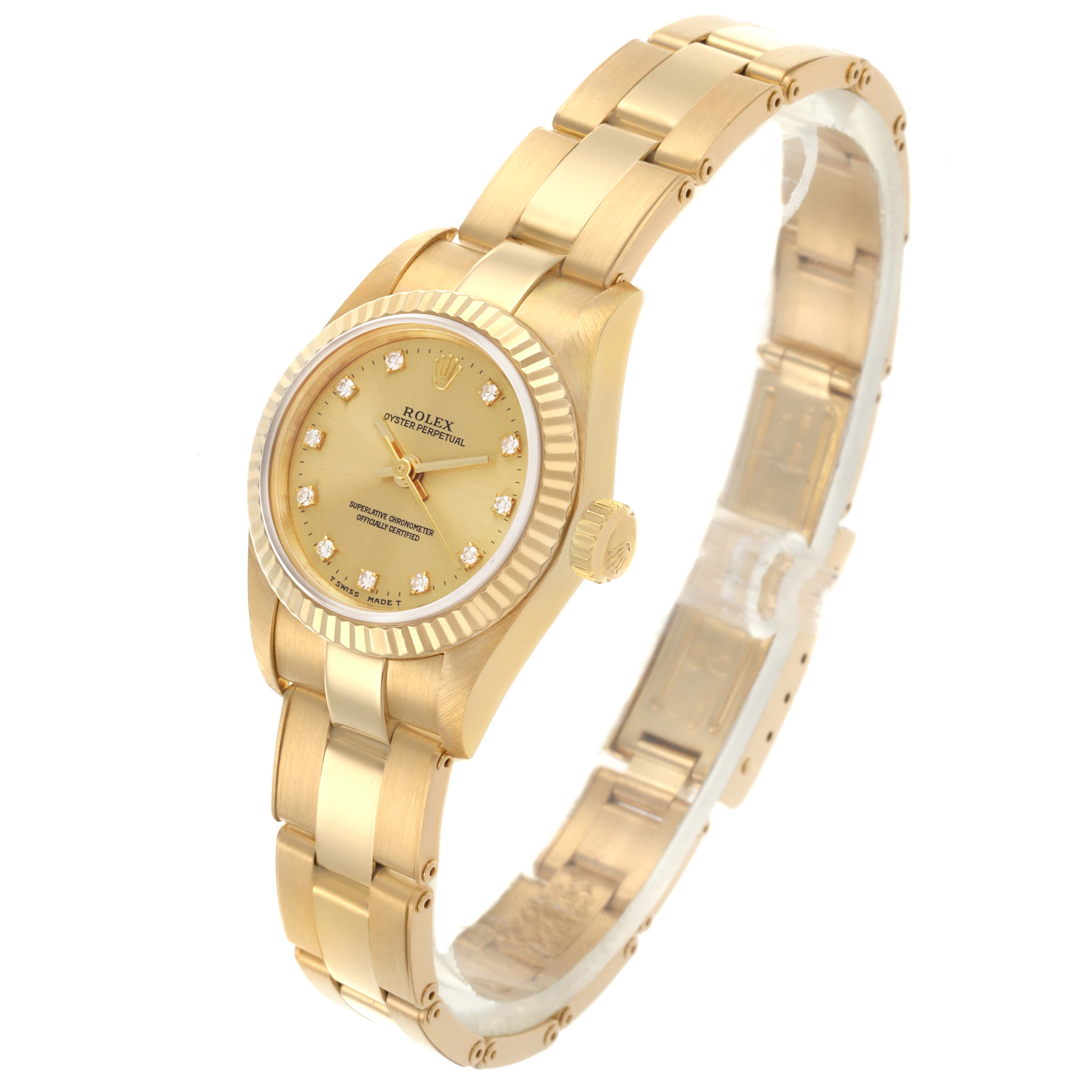 The Rolex President 67198 Women's Yellow Gold Champagne Dial 67198 Women's Yellow Gold Champagne Dial model is shown at an angled view, displaying the face, bezel, and bracelet.