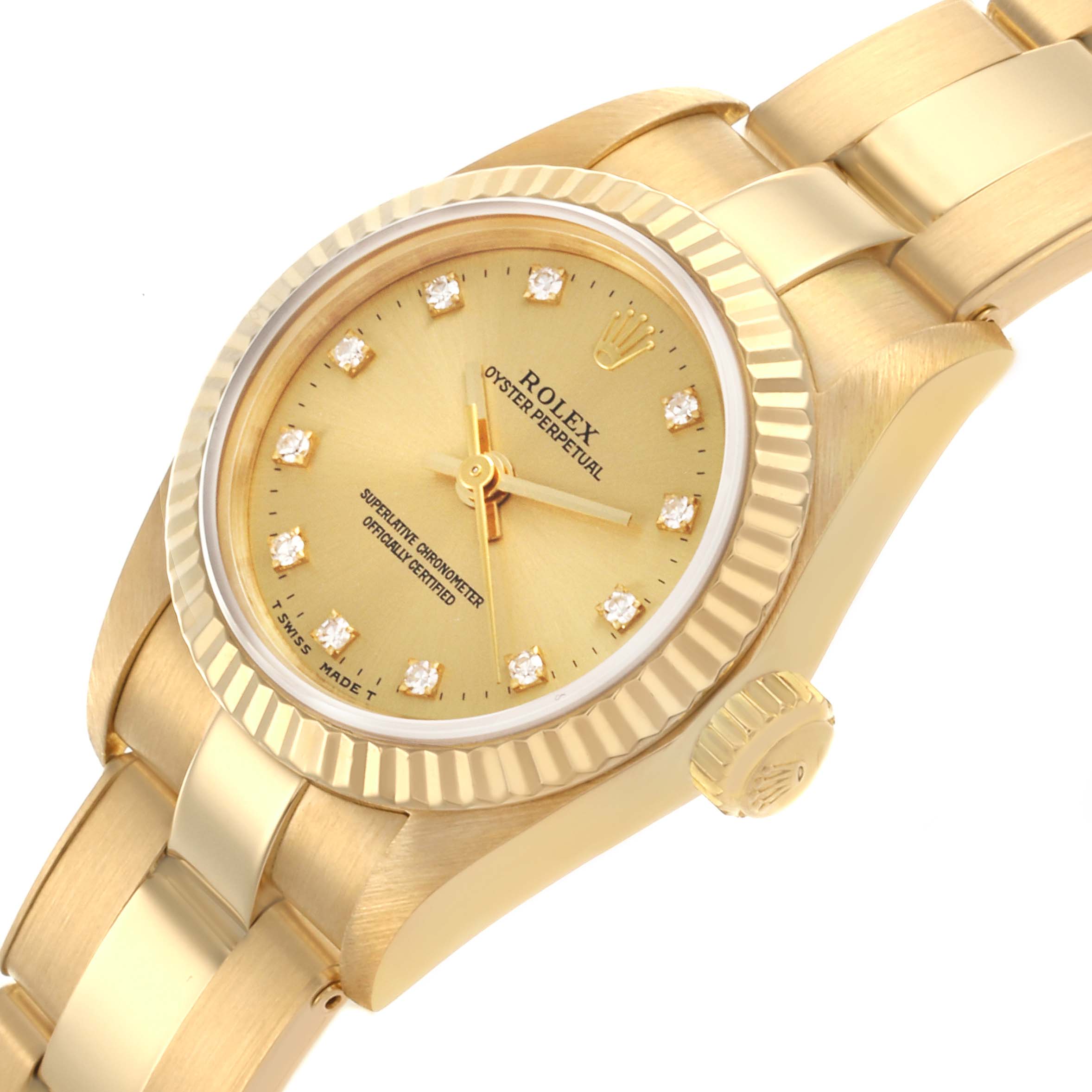 The Rolex President 67198 Women's Yellow Gold Champagne Dial 67198 Women's Yellow Gold Champagne Dial model is shown at a slight angle, highlighting the gold case, fluted bezel, bracelet, and crown.