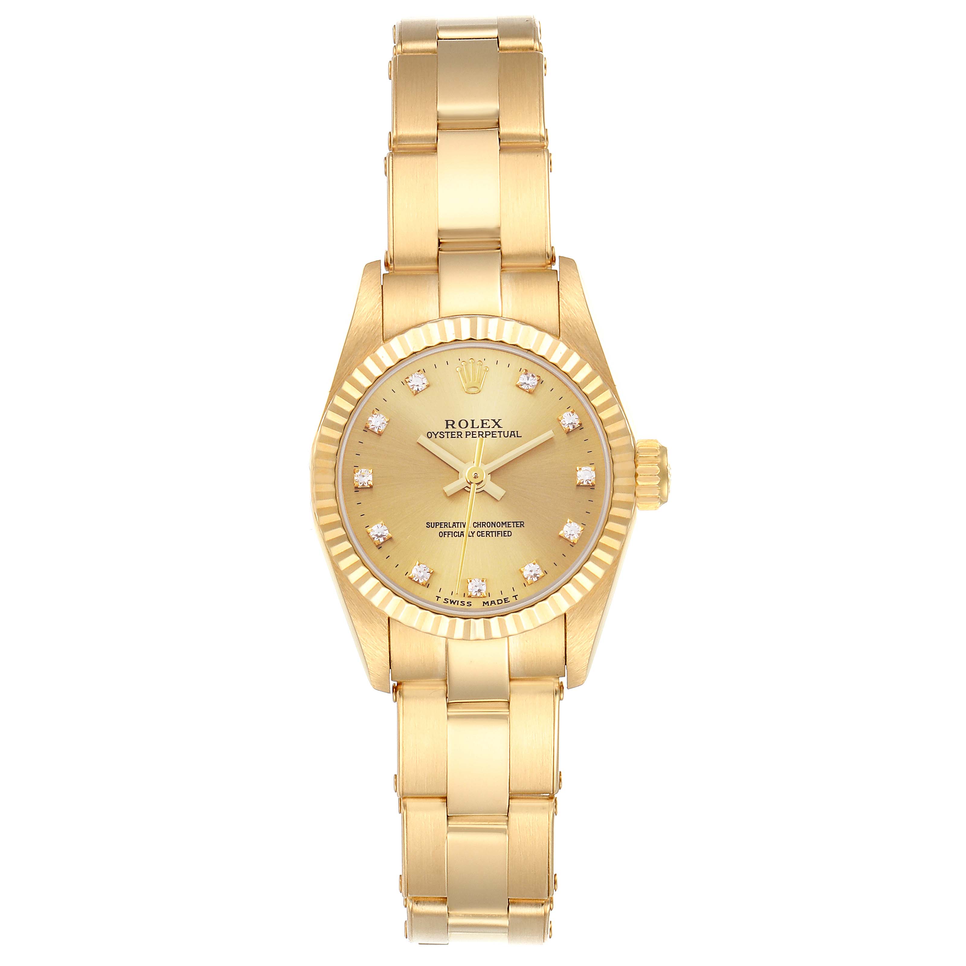 The Rolex President 67198 Women's Yellow Gold Champagne Dial 67198 Women's Yellow Gold Champagne Dial model watch is shown from the front, displaying the dial, bezel, and bracelet.