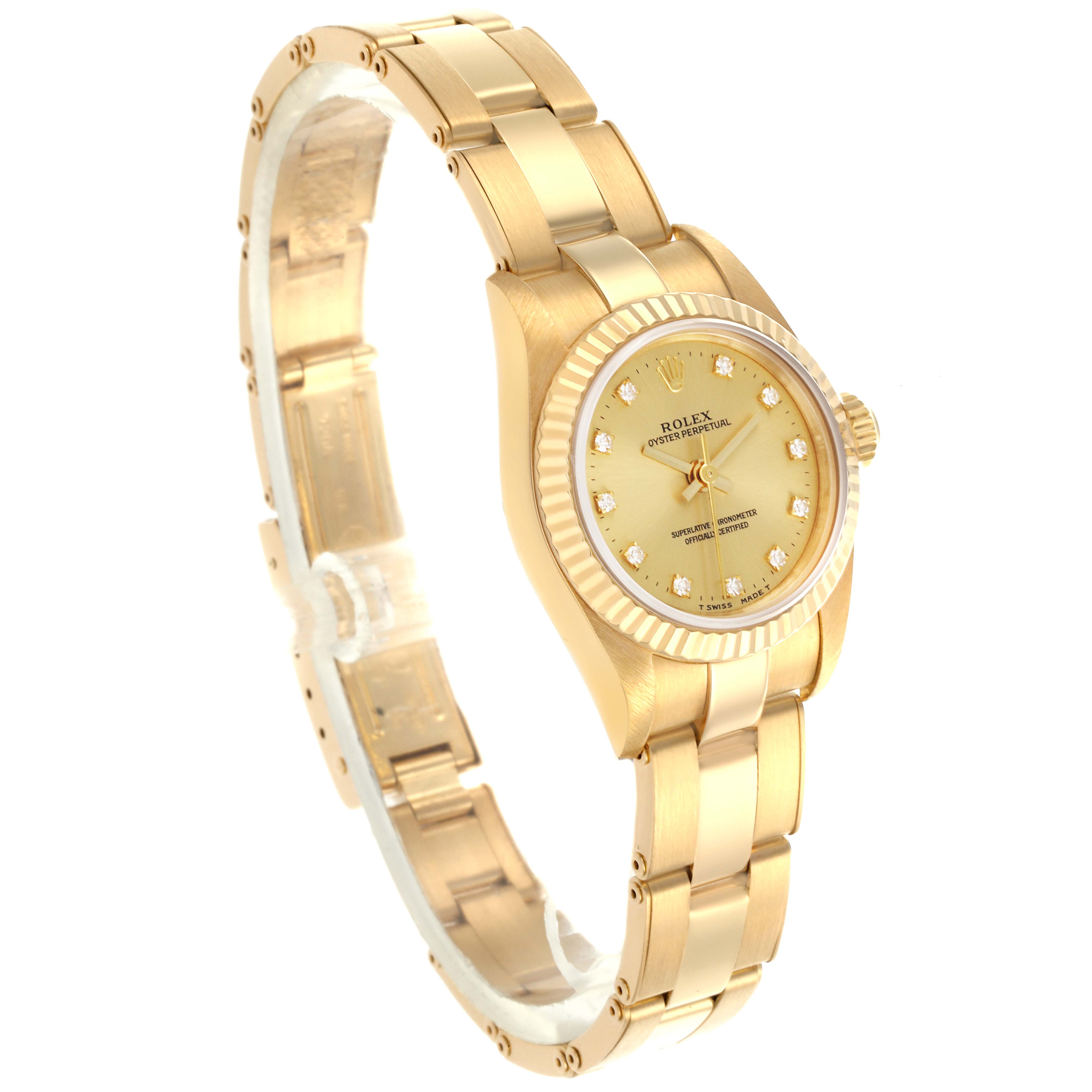 The Rolex President 67198 Women's Yellow Gold Champagne Dial 67198 Women's Yellow Gold Champagne Dial model is shown at a three-quarter angle, highlighting the face, bezel, and bracelet.