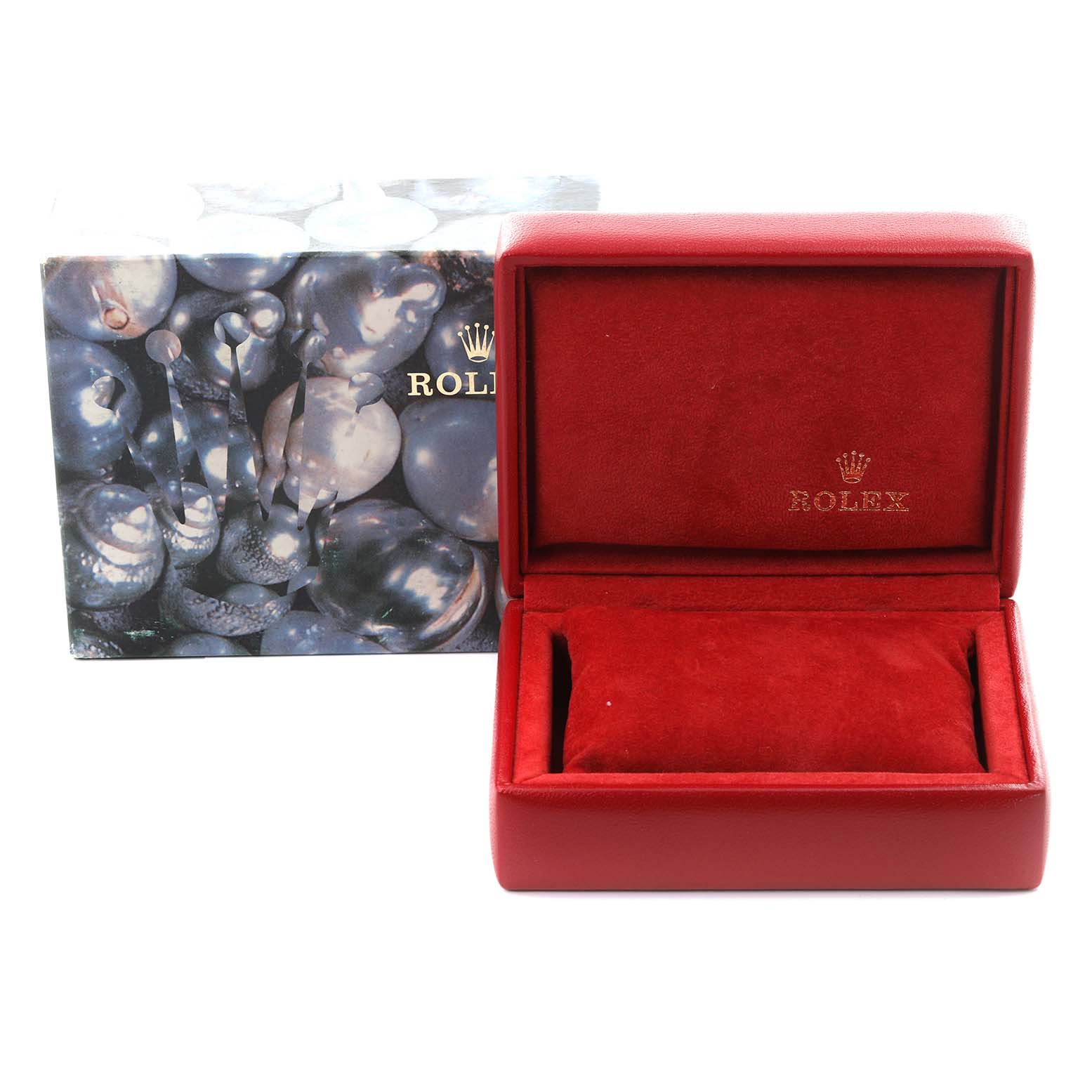 The image shows a Rolex President 67198 Women's Yellow Gold Champagne Dial 67198 Women's Yellow Gold Champagne Dial watch box with a red interior and an outer decorative box from a front angle.