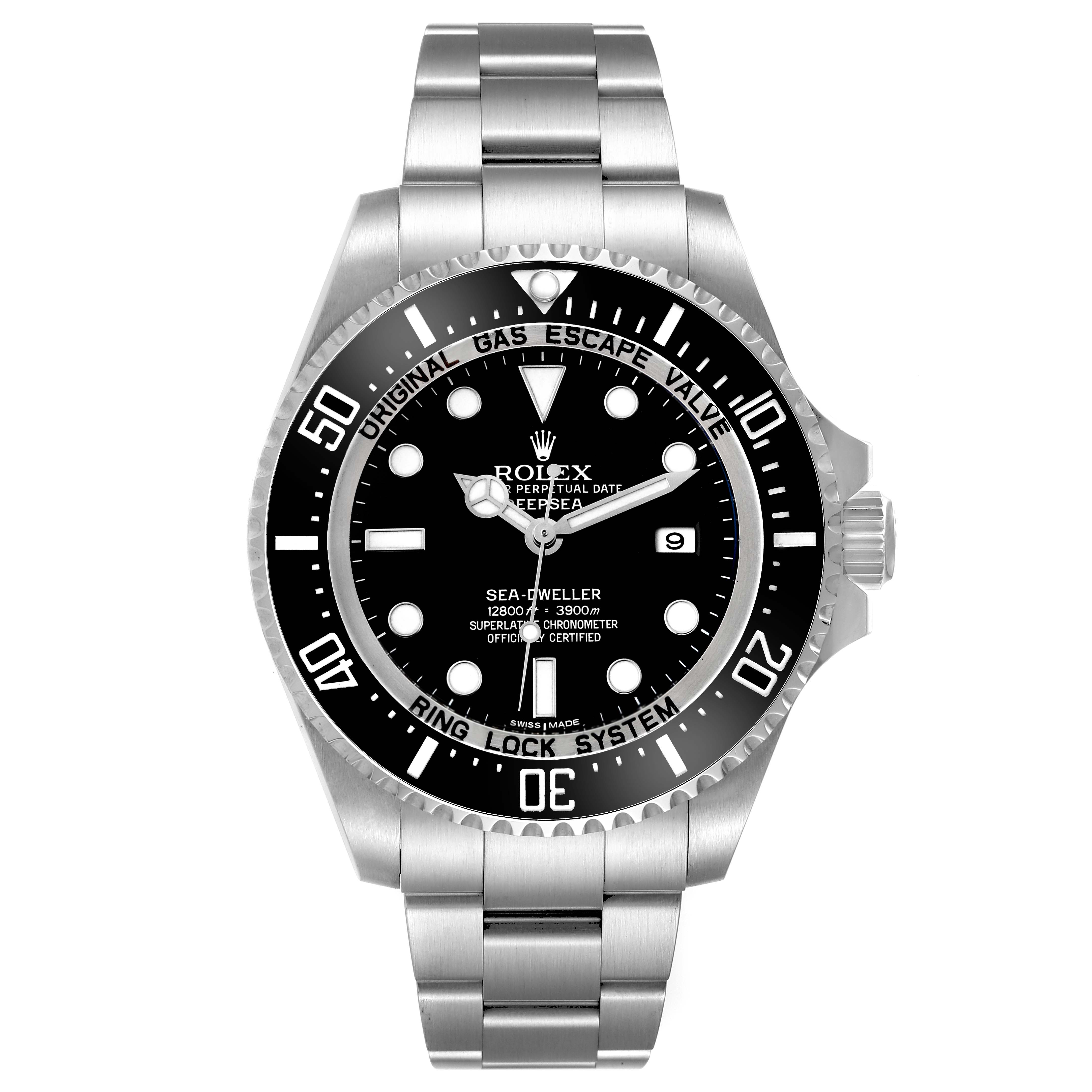 The Rolex Sea-Dweller 116660 Men
s Stainless Steel Black Dial watch is shown from a front angle, displaying the dial, bezel, and bracelet.