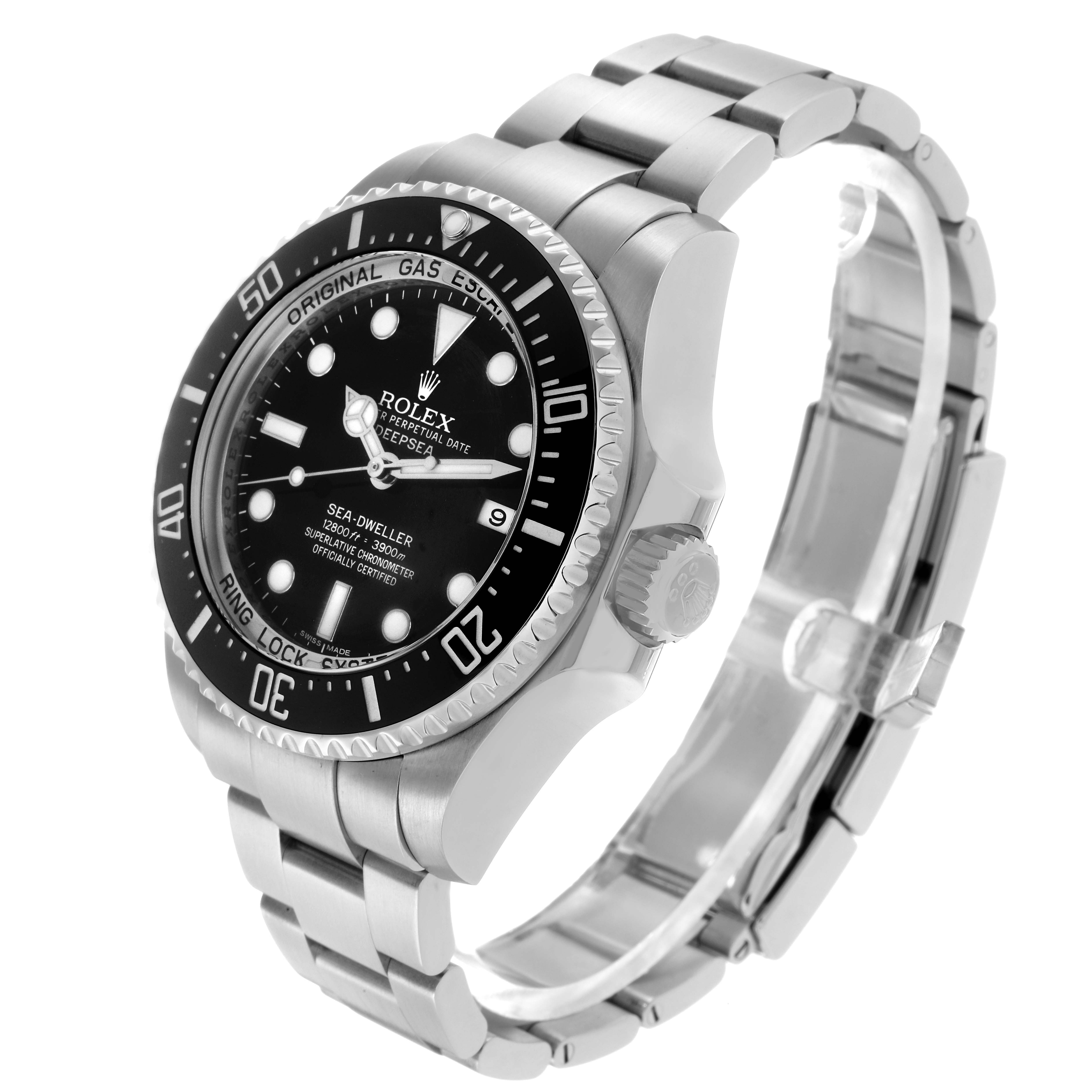 The Rolex Sea-Dweller 116660 Men
s Stainless Steel Black Dial watch is shown at an angle highlighting the face, bezel, crown, and part of the bracelet.