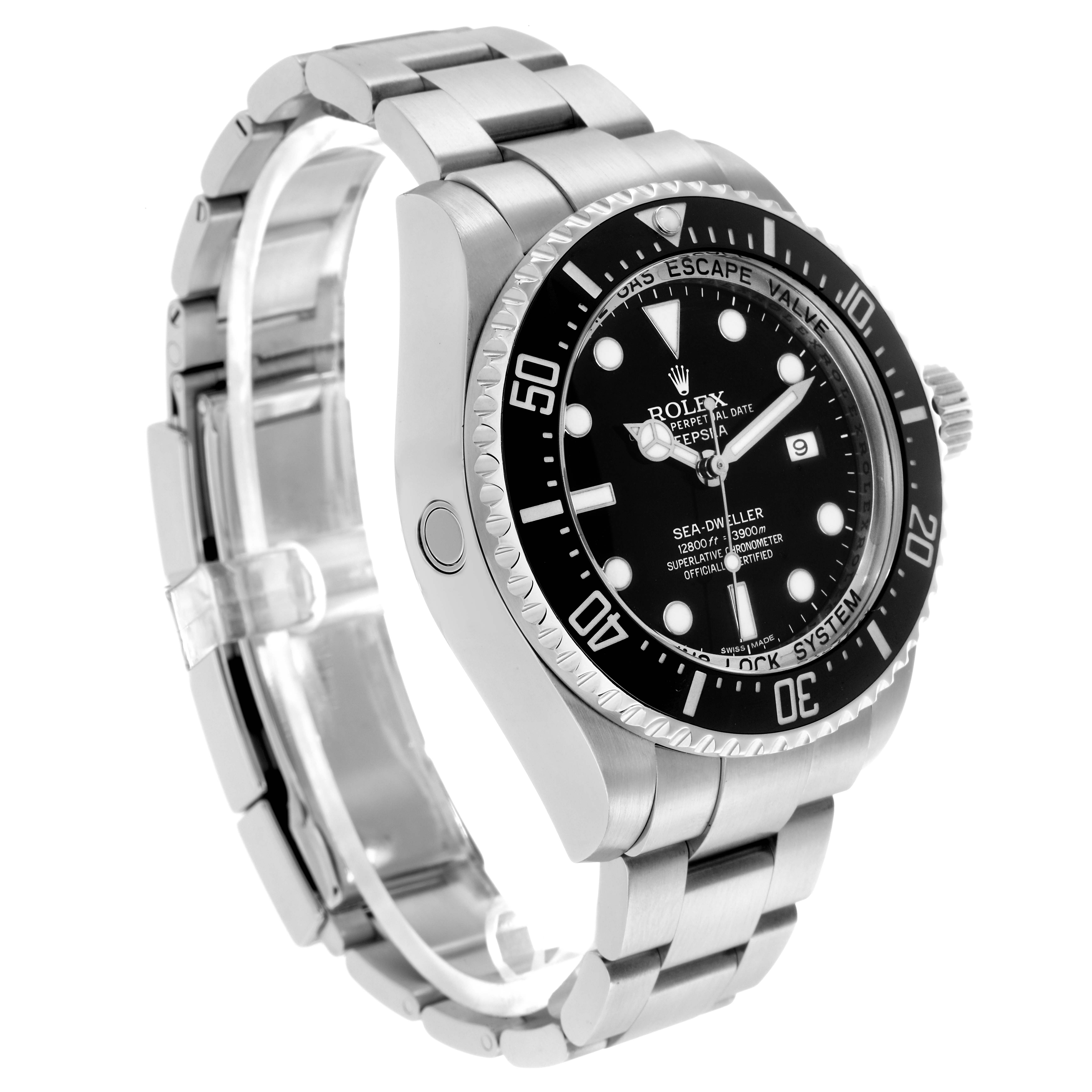 The Rolex Sea-Dweller 116660 Men
s Stainless Steel Black Dial watch is shown at a three-quarter angle, displaying the dial, bezel, case, bracelet, and crown.