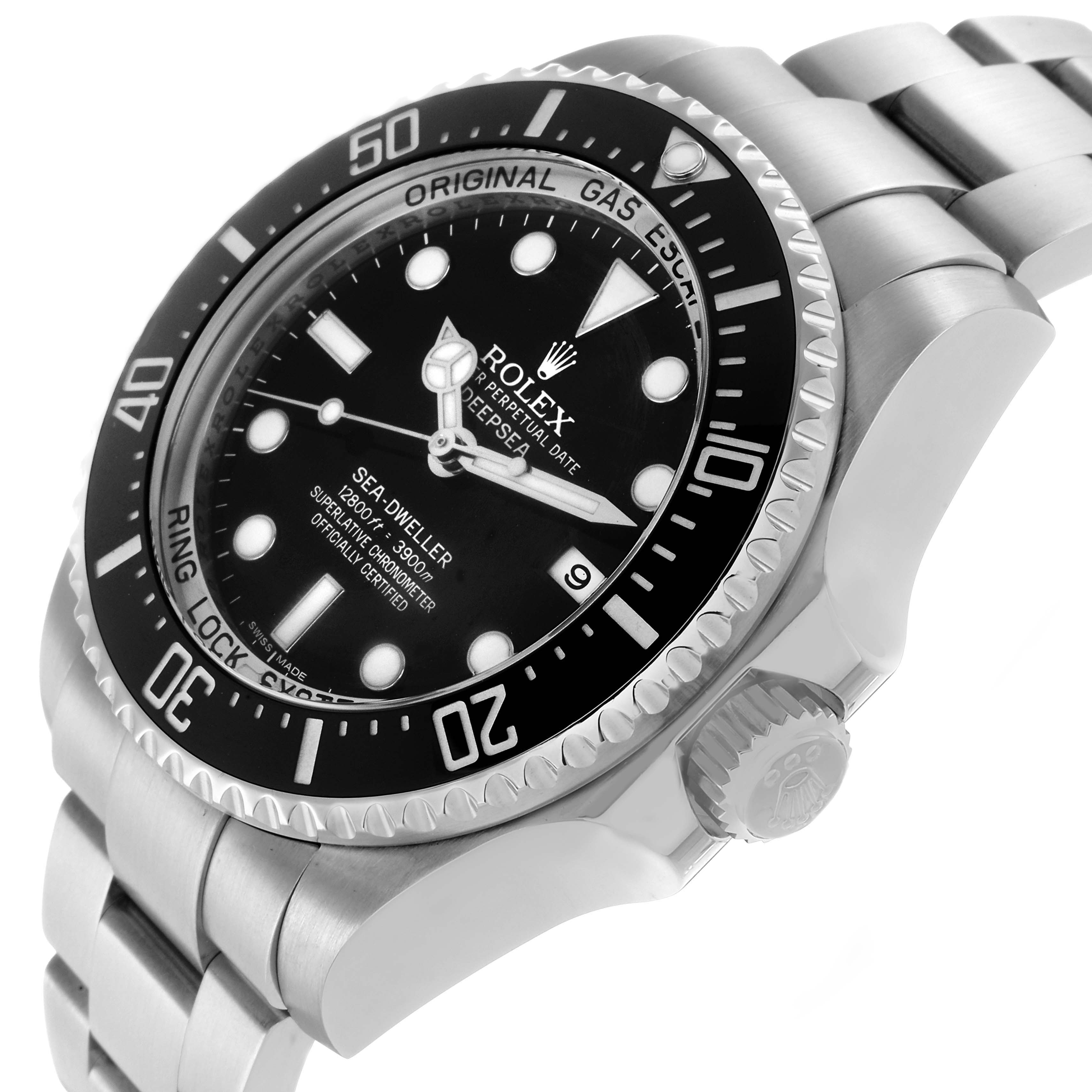 The Rolex Sea-Dweller 116660 Men
s Stainless Steel Black Dial is shown from a side angle, featuring the bezel, dial, crown, and part of the bracelet.