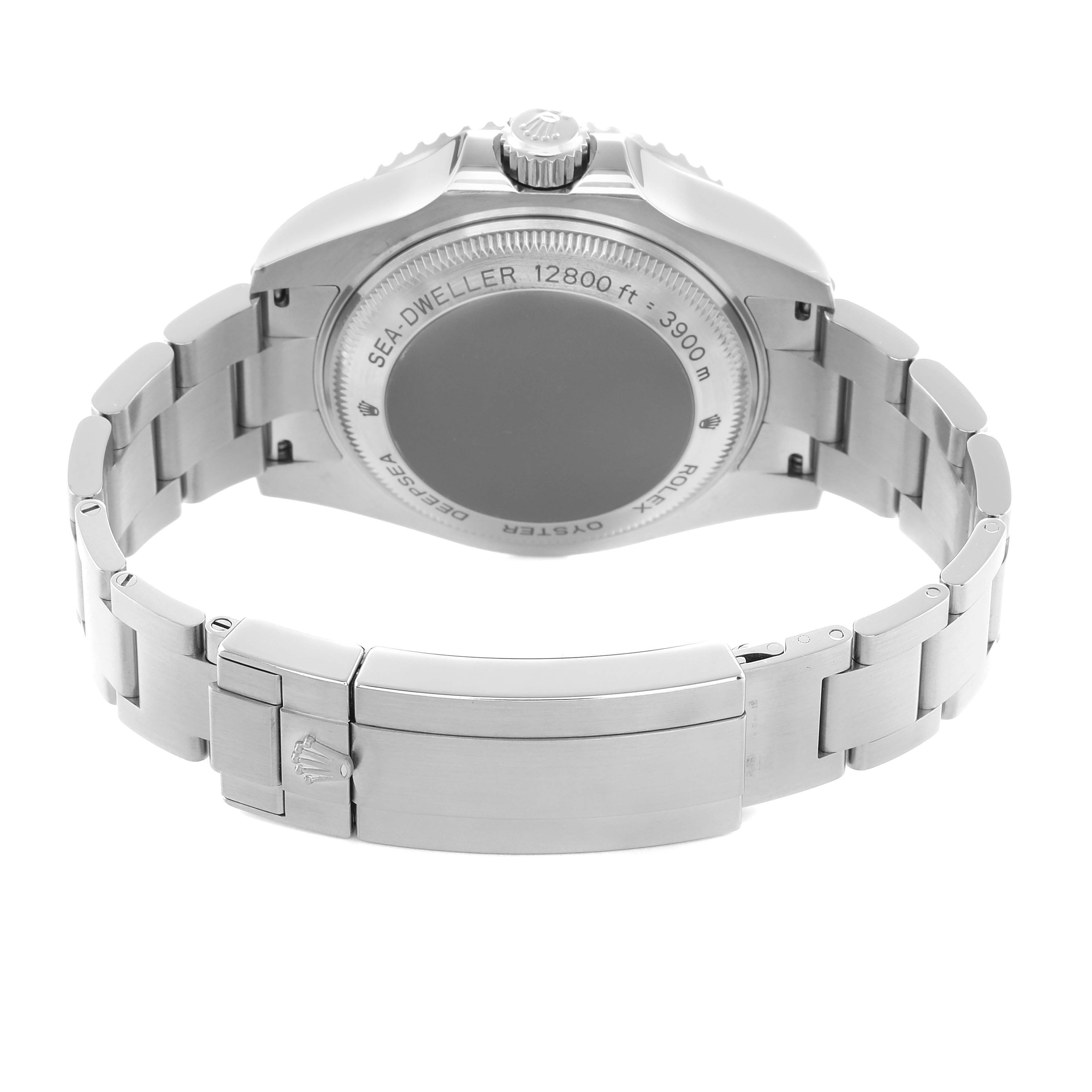 The image shows the back view of the Rolex Sea-Dweller 116660 Men
s Stainless Steel Black Dial, highlighting the case back, bracelet, and clasp.