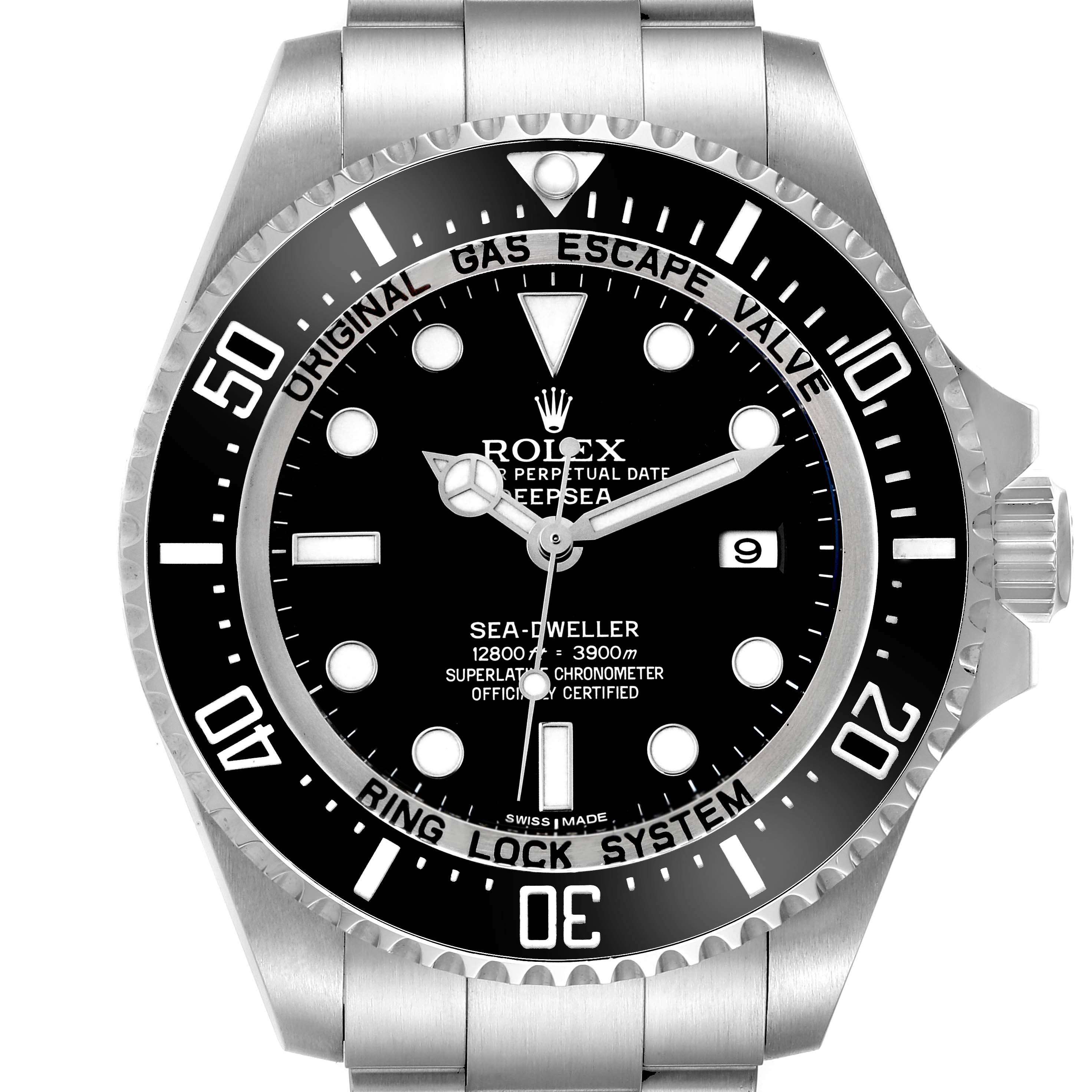 The Rolex Sea-Dweller 116660 Men
s Stainless Steel Black Dial watch is shown from a frontal angle, displaying its face, bezel, and part of the bracelet.