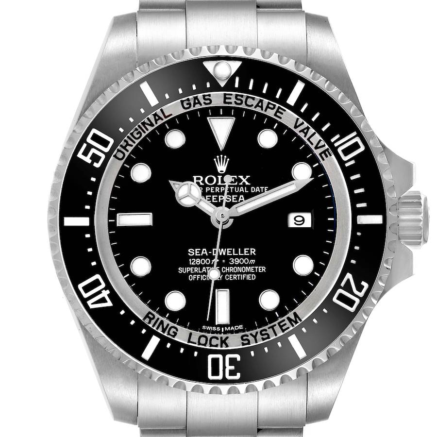 The Rolex Sea-Dweller 116660 Men's Stainless Steel Black Dial watch is shown from a frontal angle, displaying its face, bezel, and part of the bracelet.