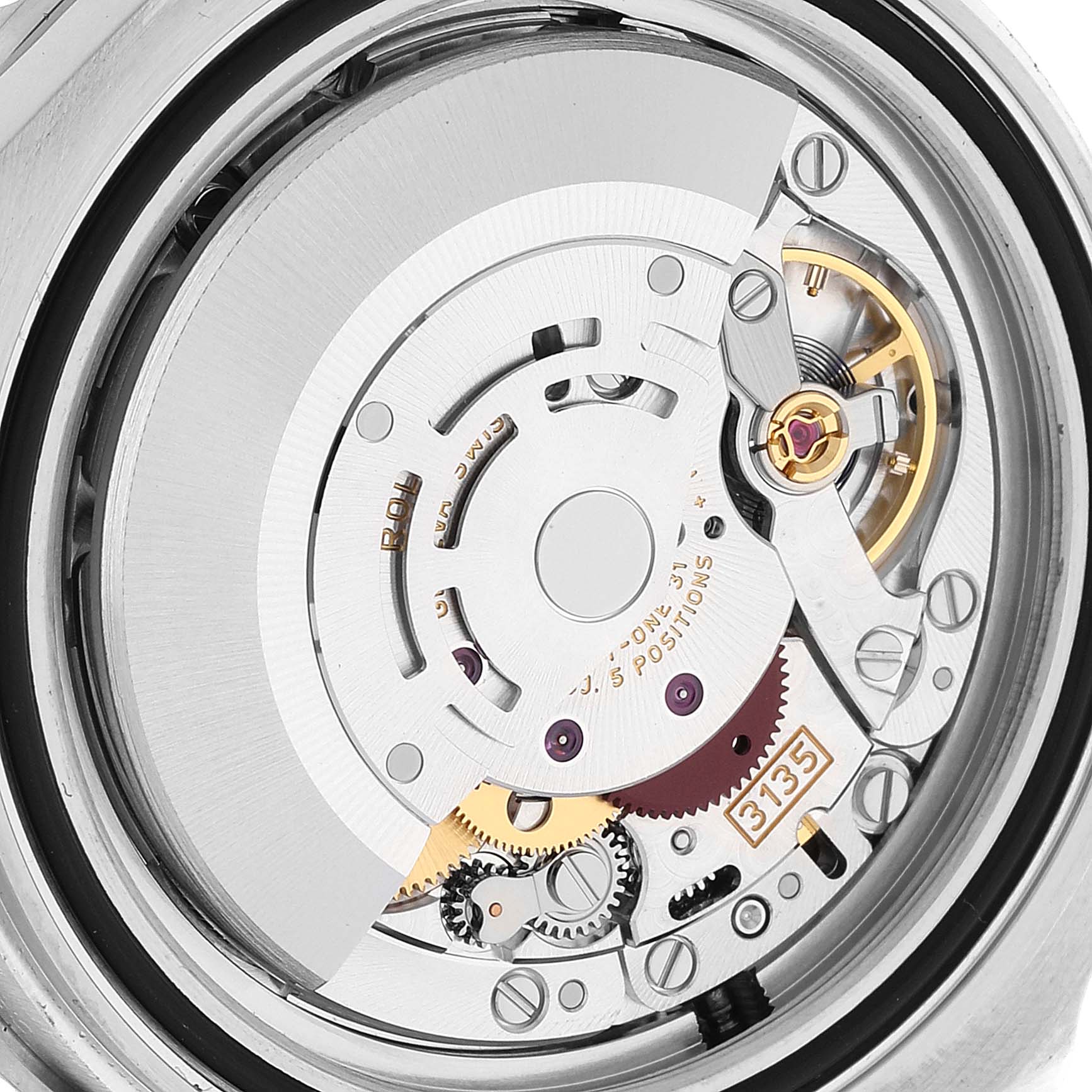 The image shows the intricate movement mechanism of the Rolex Submariner 116610 Men
s Stainless Steel Black Dial 116610 Men
s Stainless Steel Black Dial from the back, revealing gears and other internal components.