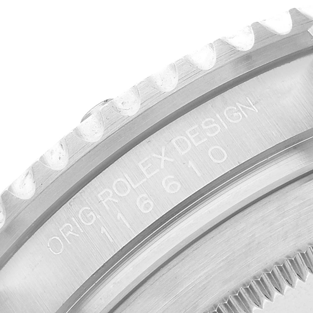 This image shows a close-up of the bezel and engraved details of a Rolex Submariner 116610 Men
s Stainless Steel Black Dial 116610 Men
s Stainless Steel Black Dial model watch.