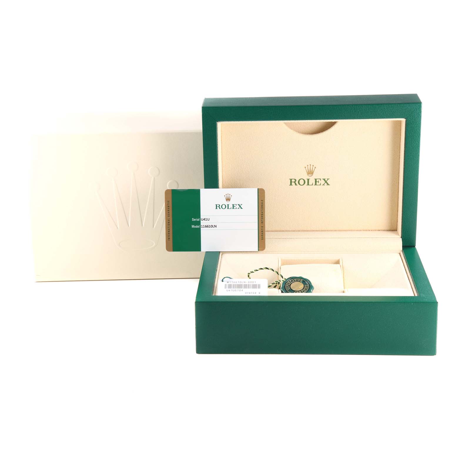 This image shows the packaging, card, and accessories for a Rolex Submariner 116610 Men
s Stainless Steel Black Dial 116610 Men
s Stainless Steel Black Dial model, without the watch itself.