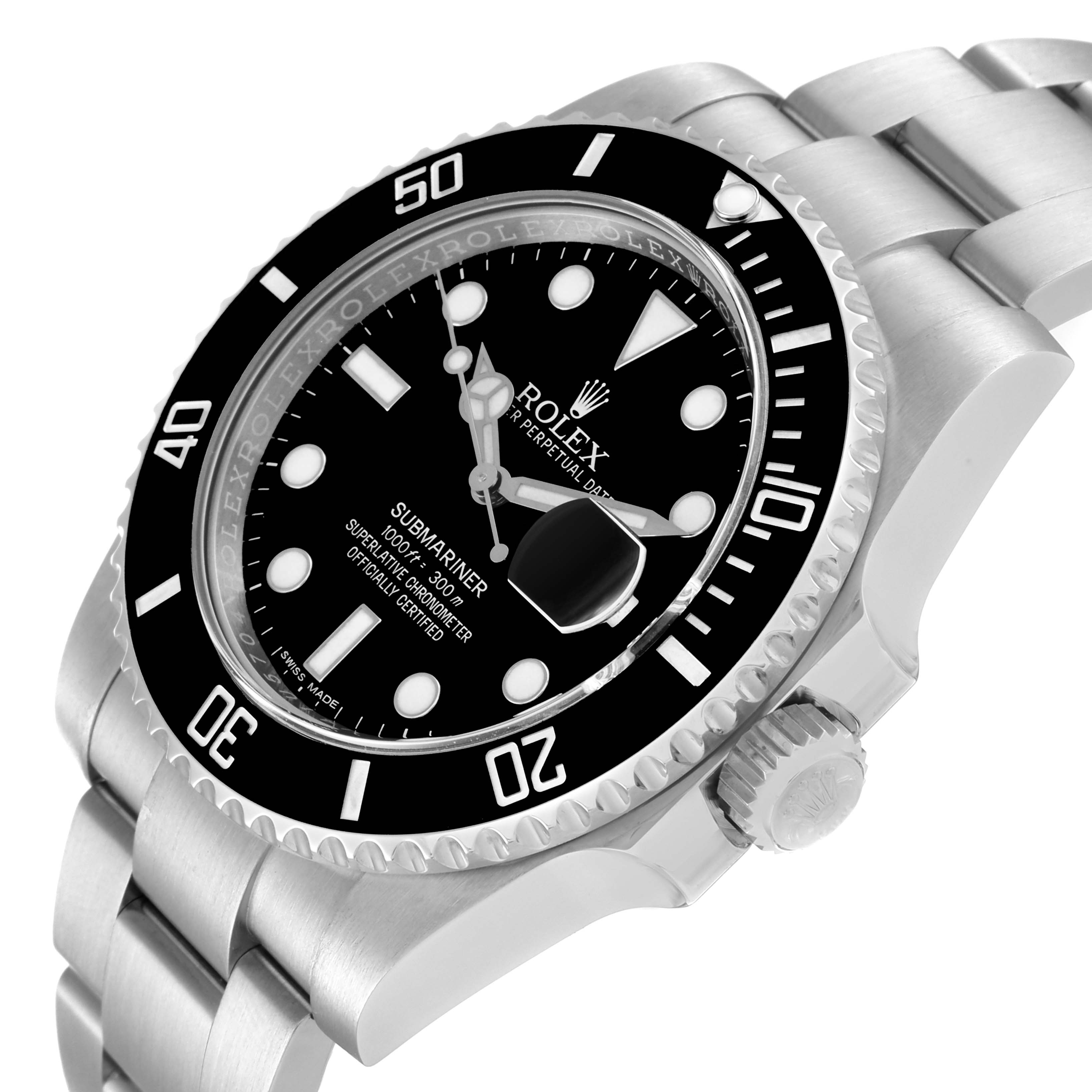 The image shows a Rolex Submariner 116610 Men
s Stainless Steel Black Dial 116610 Men
s Stainless Steel Black Dial watch from an angled side view, highlighting the bezel, dial, bracelet, and crown.