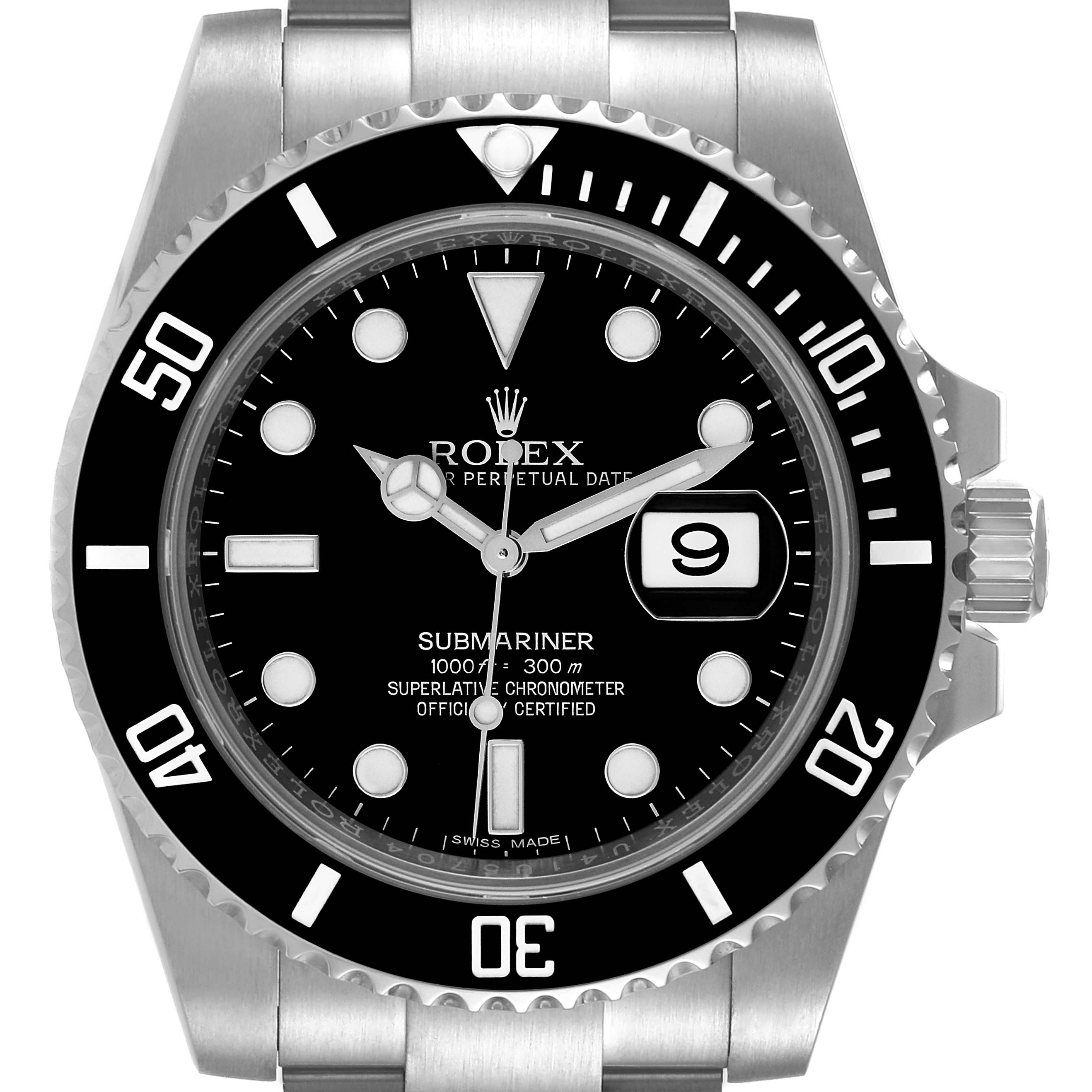 The image shows a front view of a Rolex Submariner 116610 Men
s Stainless Steel Black Dial 116610 Men
s Stainless Steel Black Dial watch, displaying its black dial, bezel, and date window at 3 o
clock.