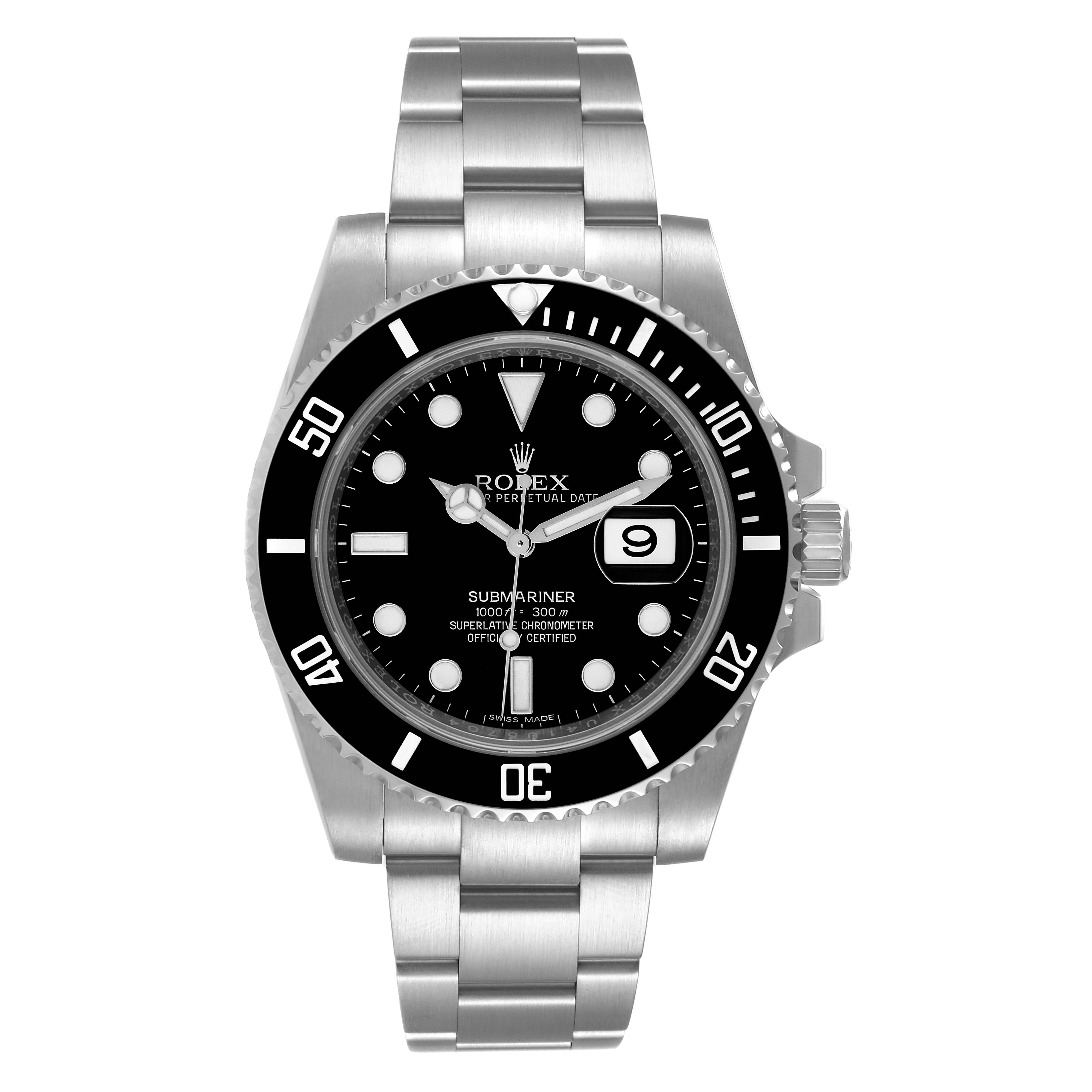 The image shows a front view of a Rolex Submariner 116610 Men
s Stainless Steel Black Dial 116610 Men
s Stainless Steel Black Dial watch, displaying its dial, bezel, crown, and bracelet.