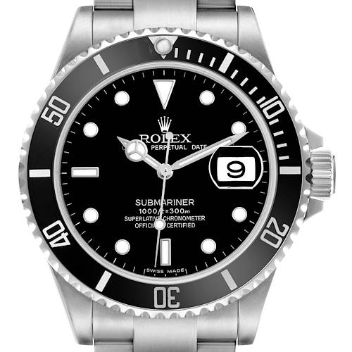 The Rolex Submariner 16610 Men's Stainless Steel Black Dial is shown from the front, highlighting its dial, bezel, hands, and date window.