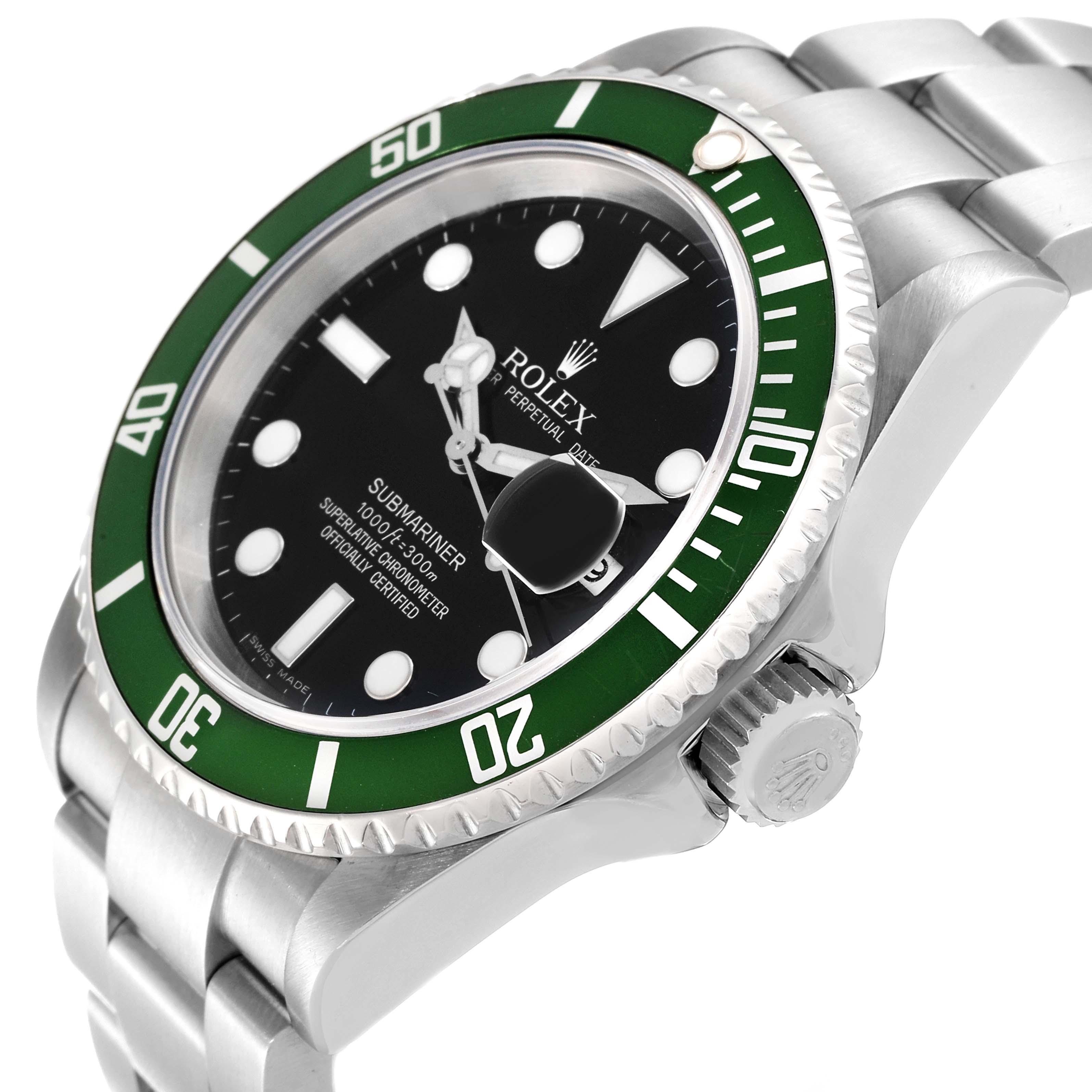 The Rolex Submariner 16610LV Men's Stainless Steel Black Dial 16610LV Men's Stainless Steel Black Dial watch is shown from a slightly angled side view, displaying the face, bezel, crown, and part of the bracelet.