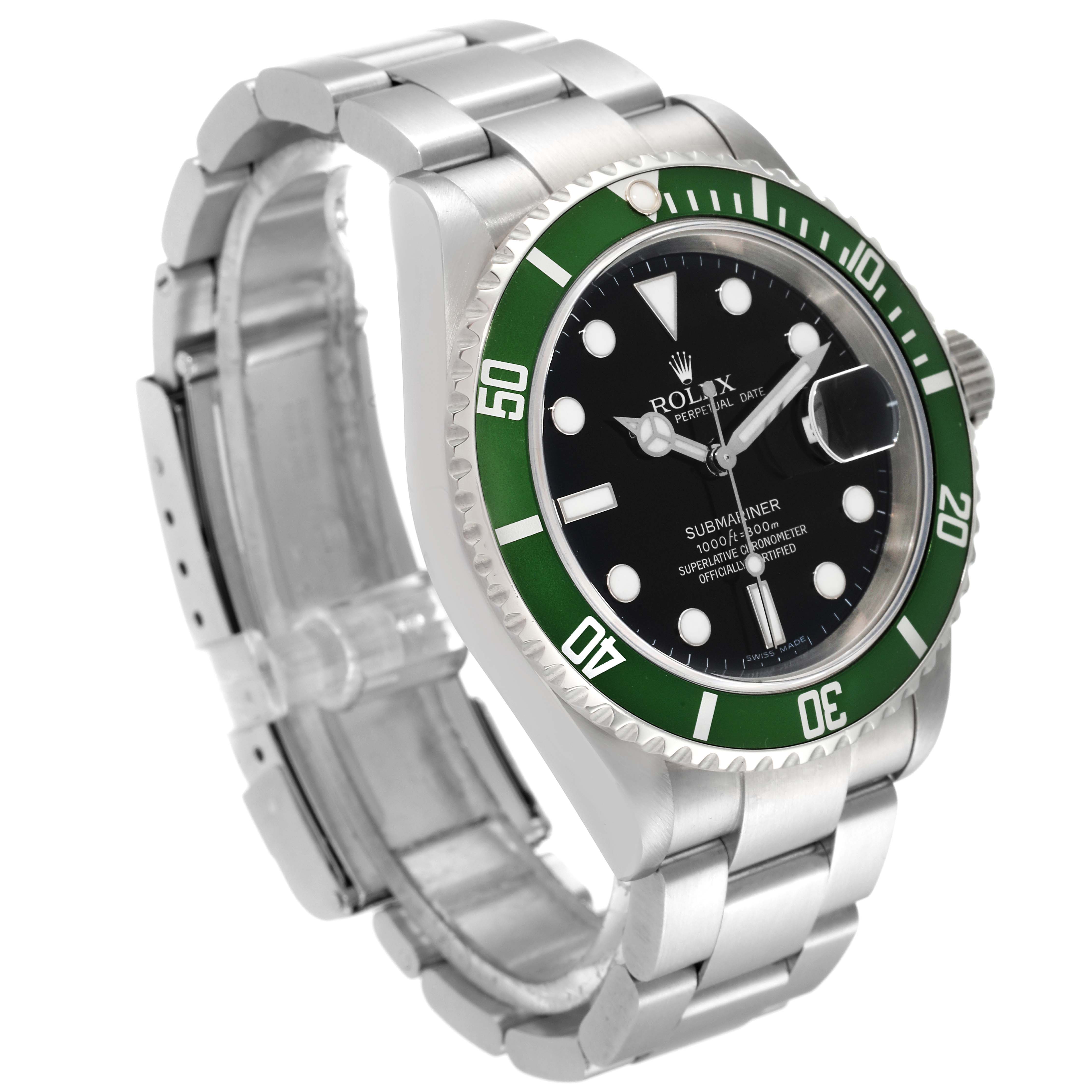 The image shows an angled view of a Rolex Submariner 16610LV Men's Stainless Steel Black Dial 16610LV Men's Stainless Steel Black Dial watch, displaying the face, bezel, crown, and bracelet.