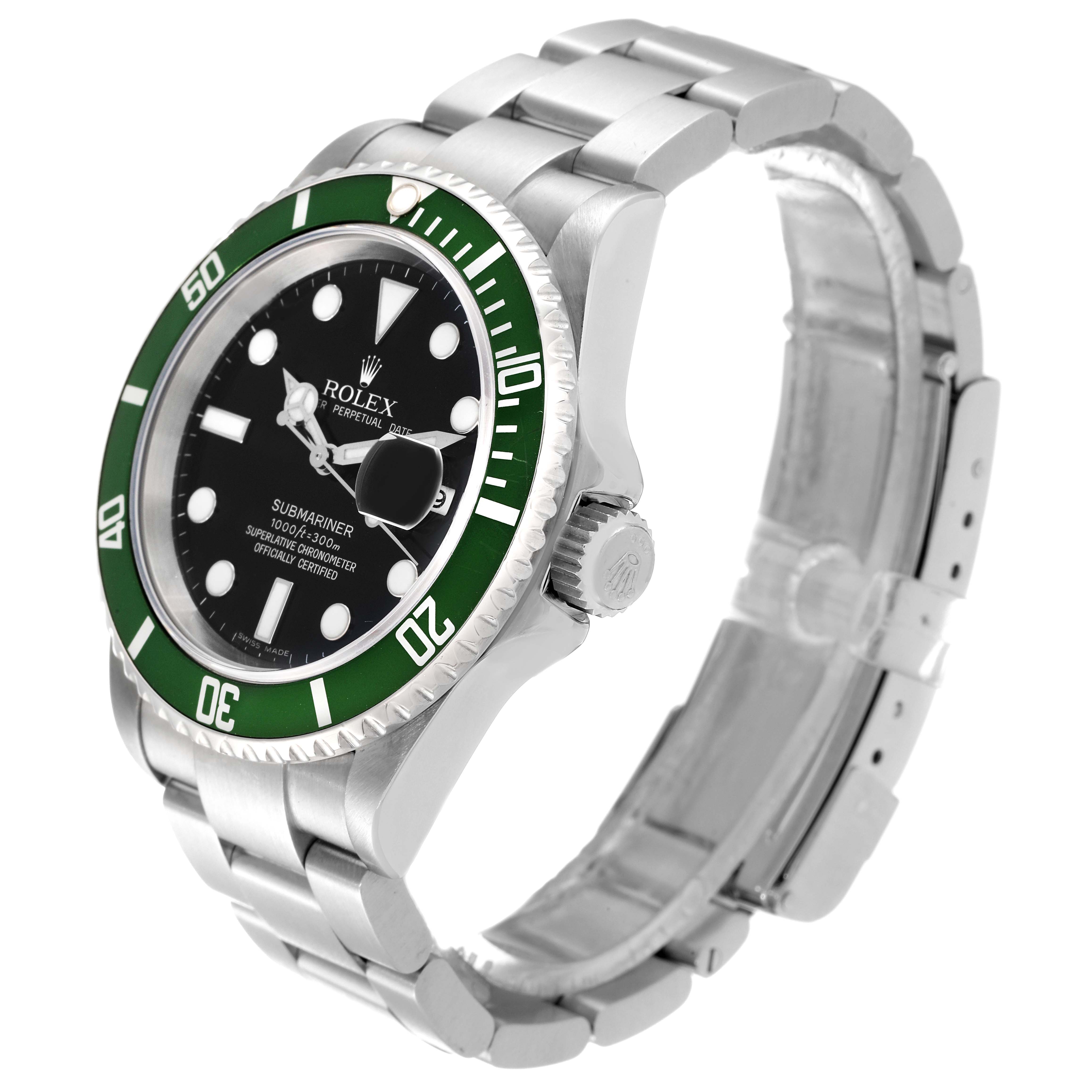 The image shows a side profile angle of a Rolex Submariner 16610LV Men's Stainless Steel Black Dial 16610LV Men's Stainless Steel Black Dial, displaying its bezel, dial, crown, and bracelet.