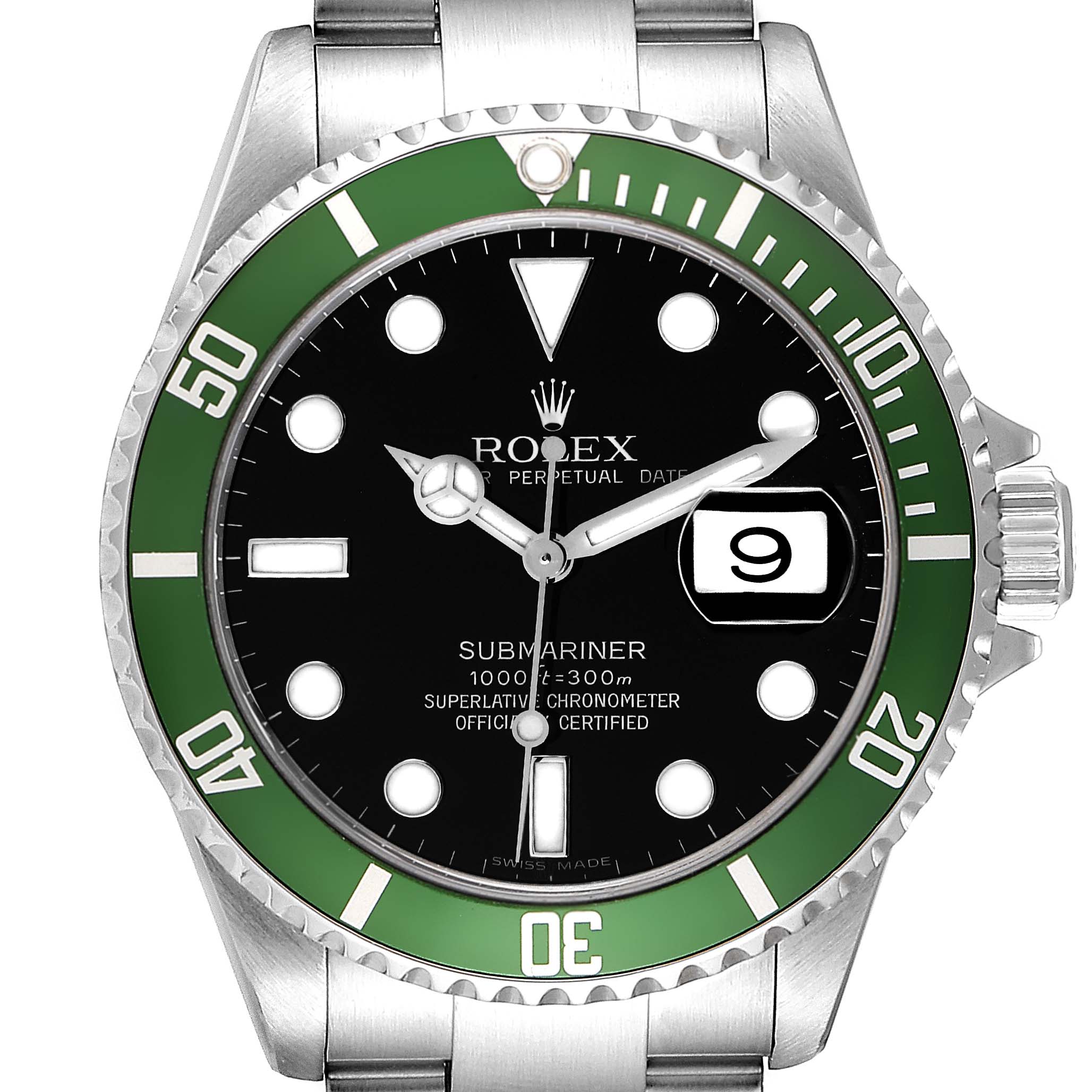 This image shows a front view of a Rolex Submariner 16610LV Men's Stainless Steel Black Dial 16610LV Men's Stainless Steel Black Dial watch, featuring a green bezel and black dial.