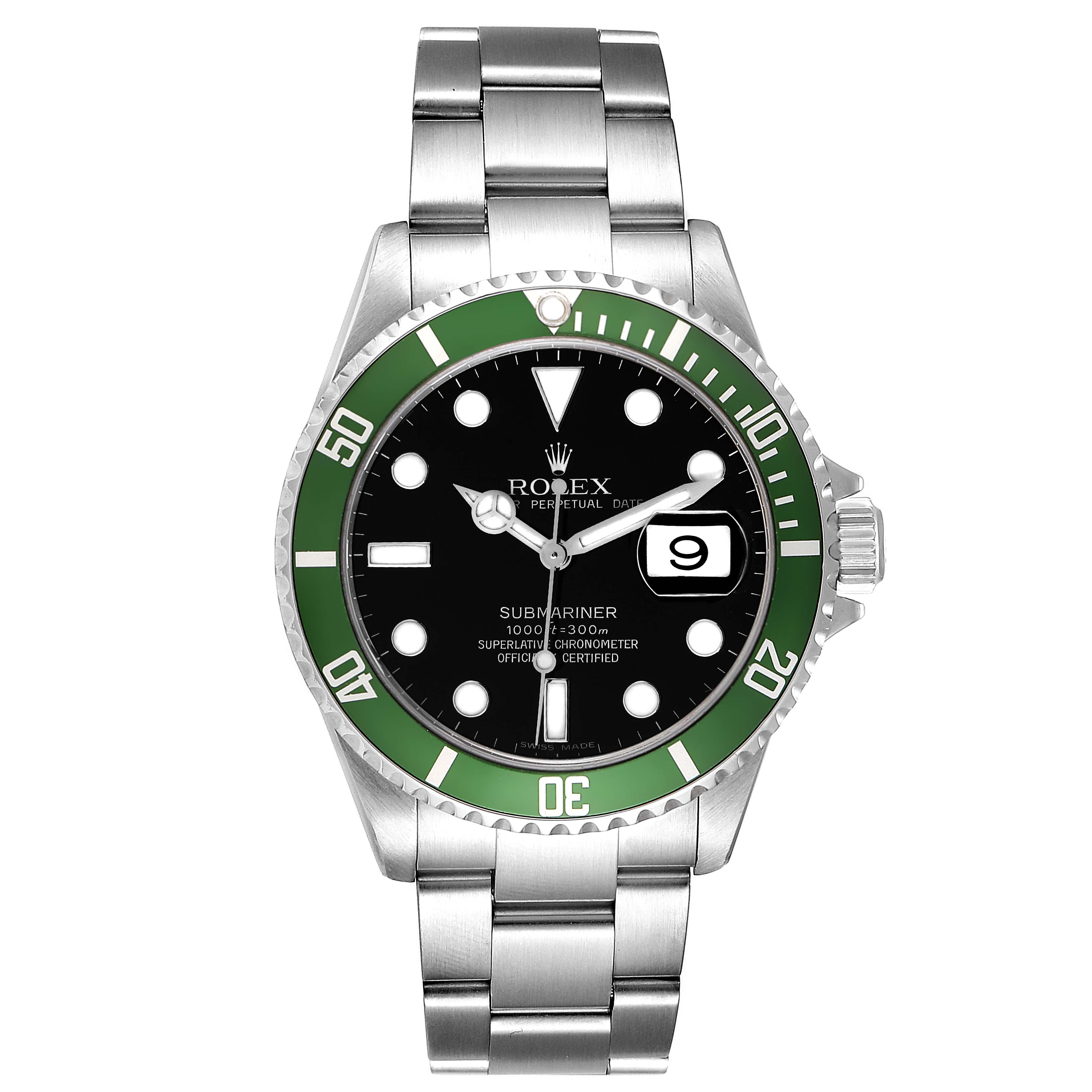 The image shows a front view of a Rolex Submariner 16610LV Men's Stainless Steel Black Dial 16610LV Men's Stainless Steel Black Dial watch, displaying its green bezel, black dial, and stainless steel bracelet.